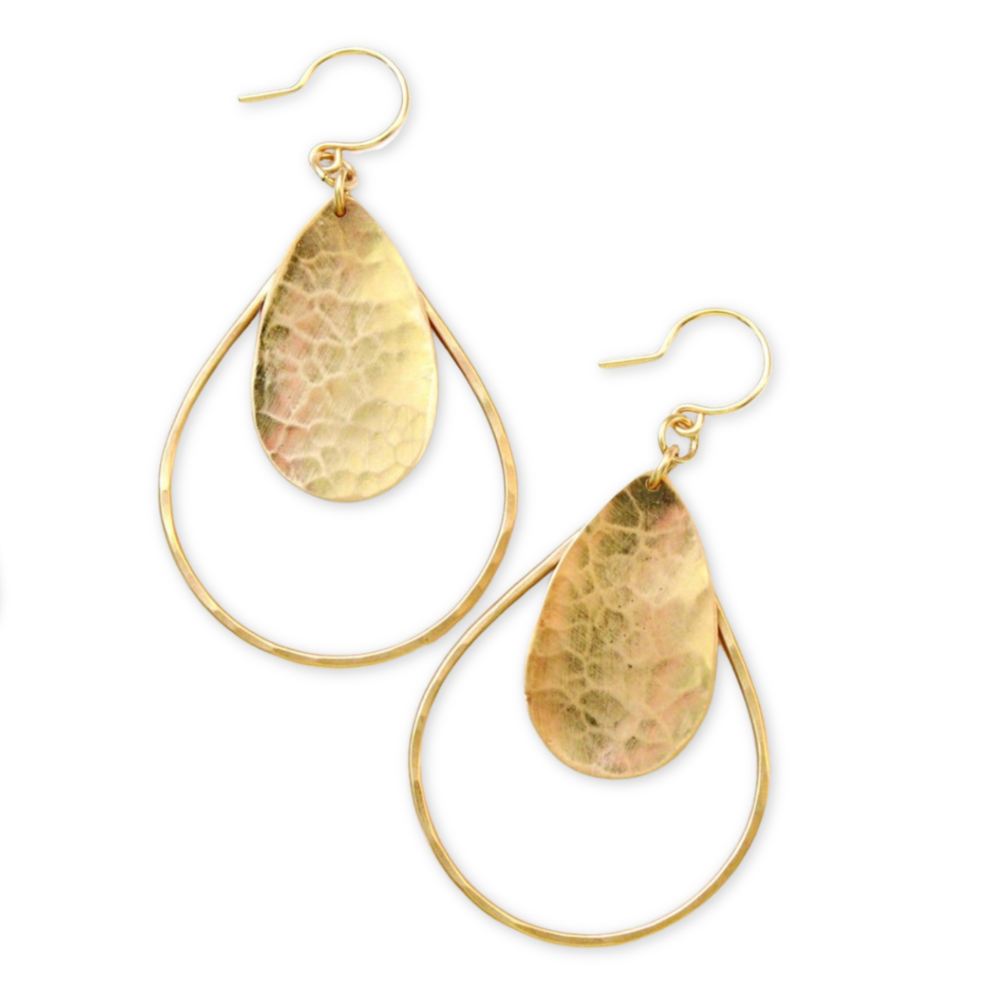 hammered open tear dropped pendant coupled with a flat hammered solid tear drop pendant hanging from an ear wire