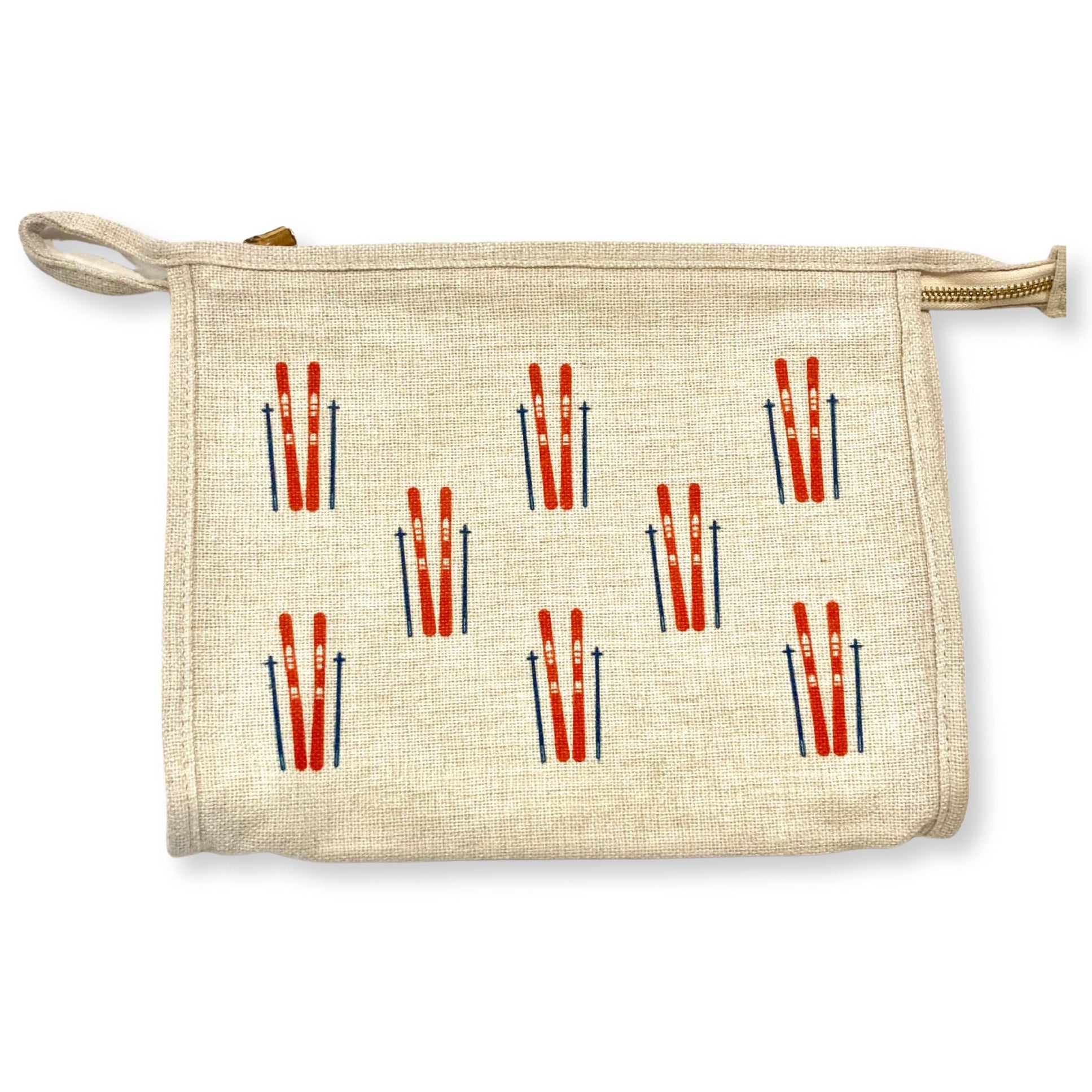 Beige pouch with red and blue pattern on a white background