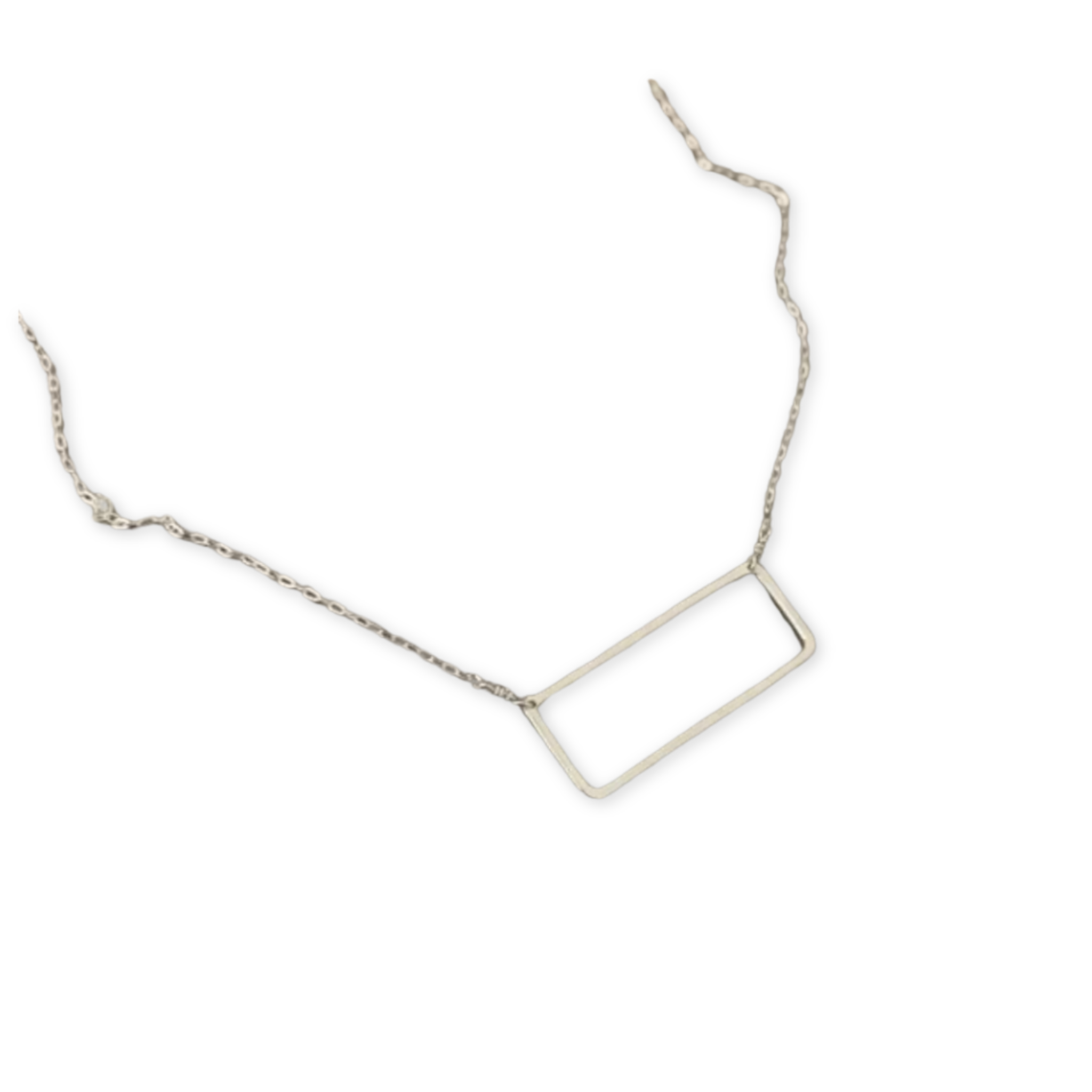 delicate open rectangle pendant hanging from a thin necklace chain