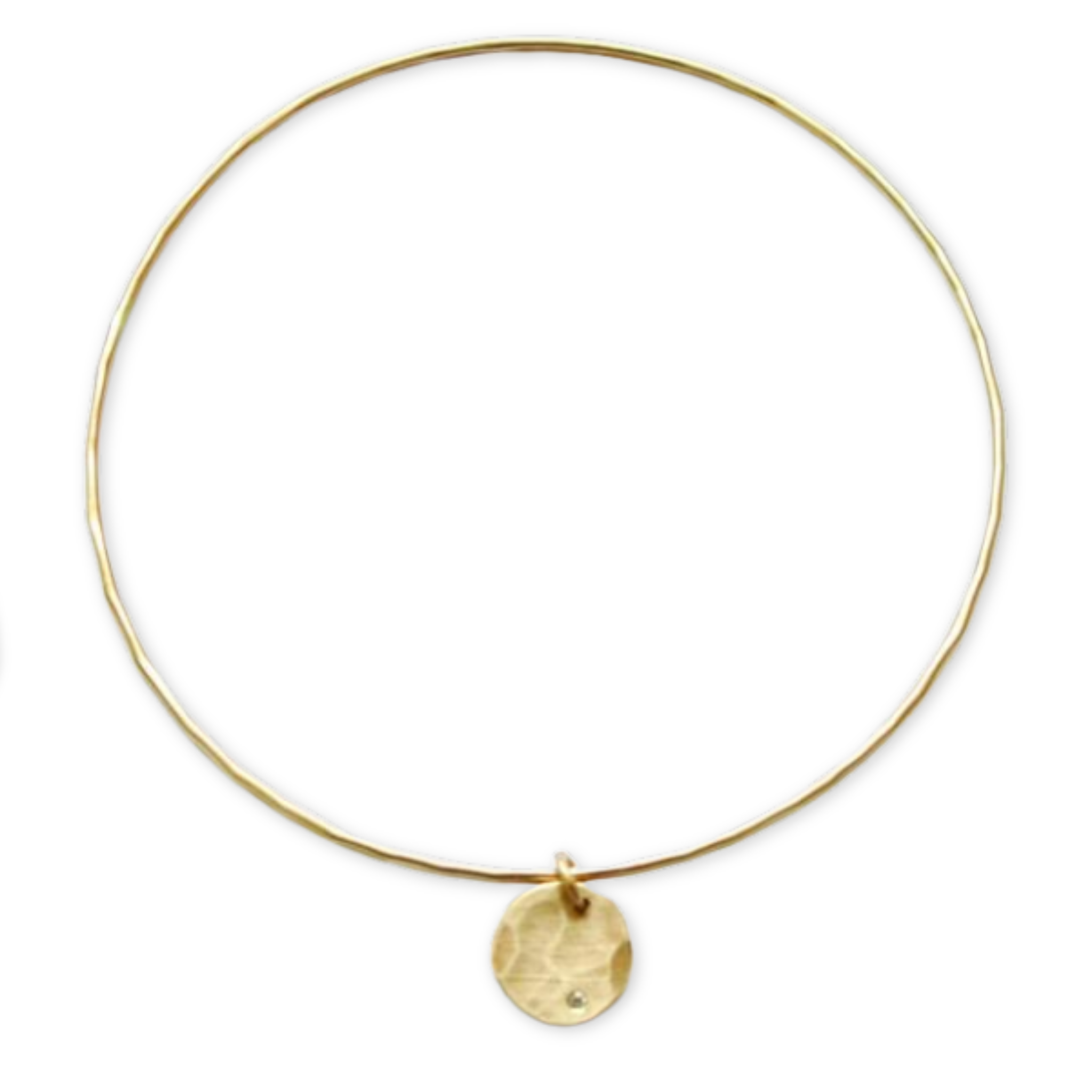 bangle bracelet with a hammered round charm featuring a tiny stone