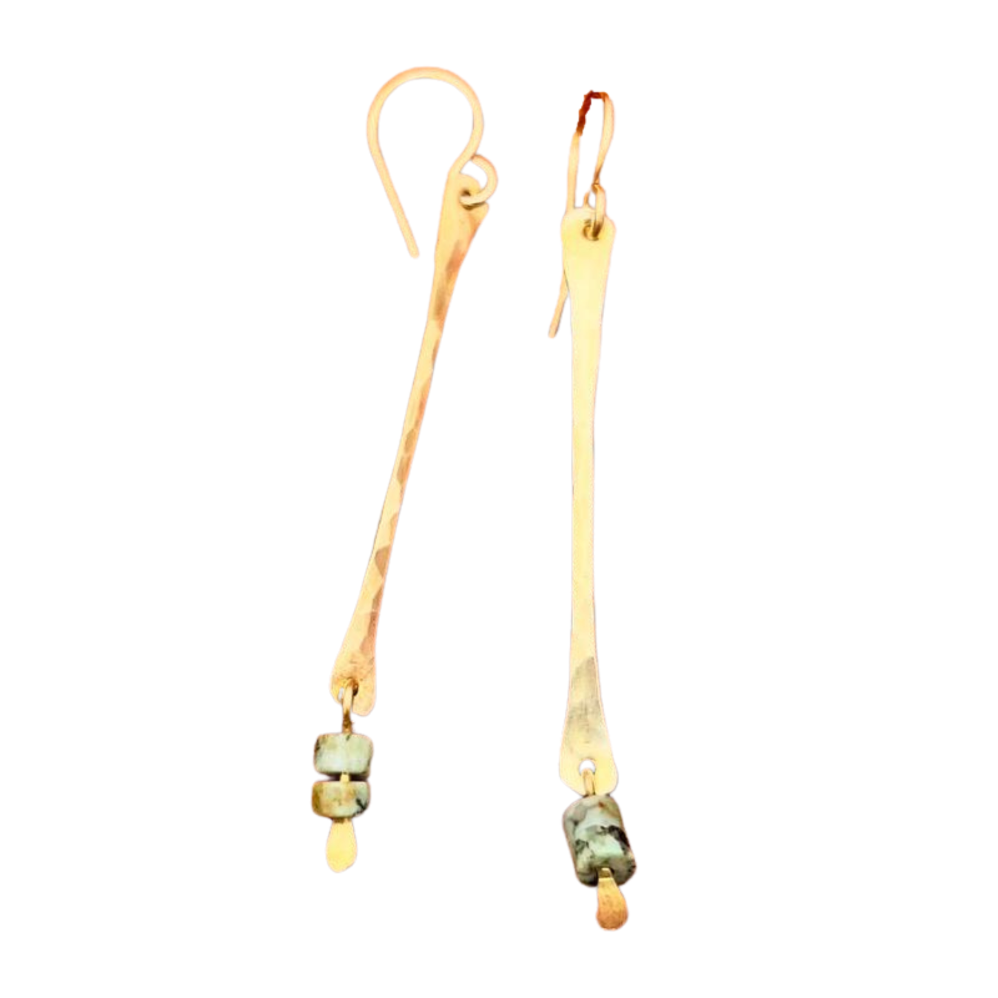 hammered long thin stick pendants with turquoise stones hang from handmade ear wire