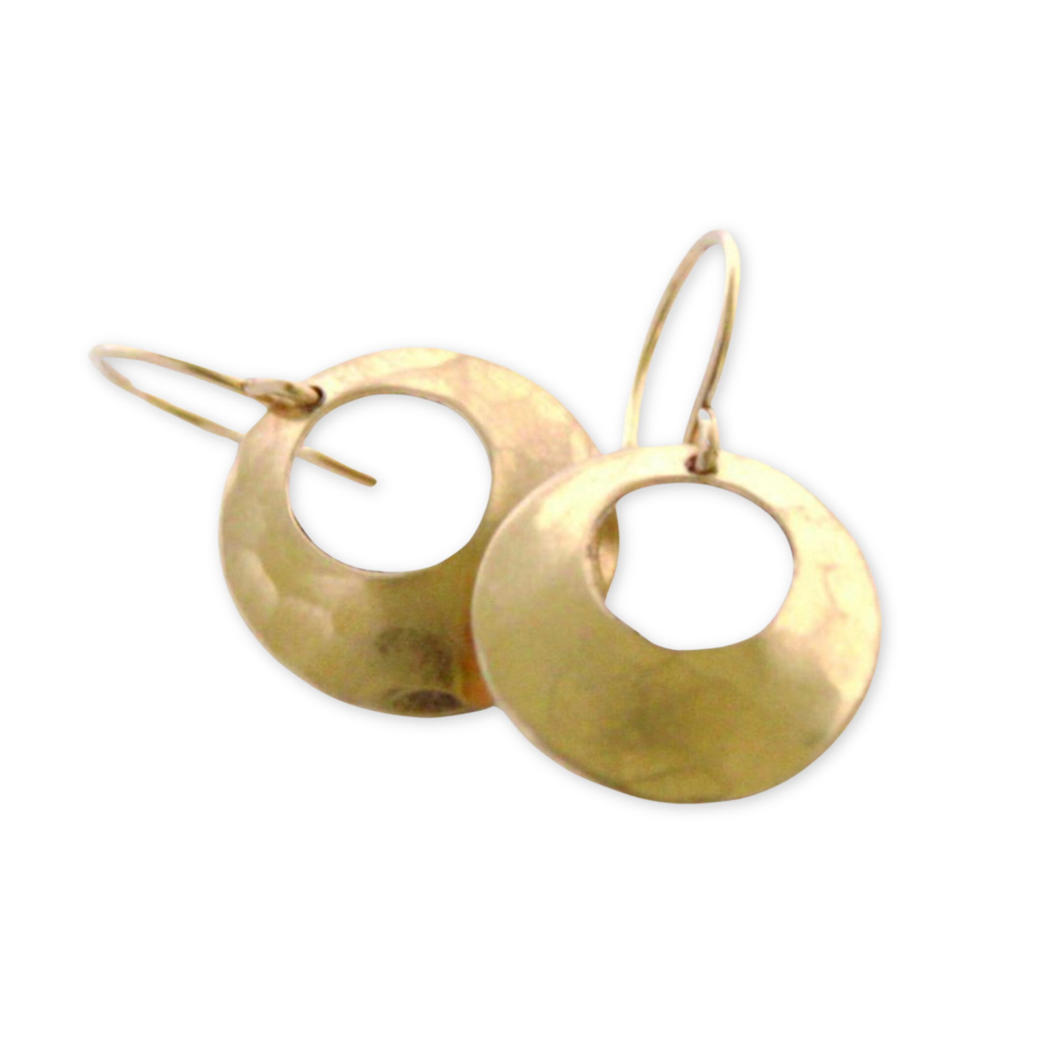 a pair of earrings with gold discs with holes in the middle