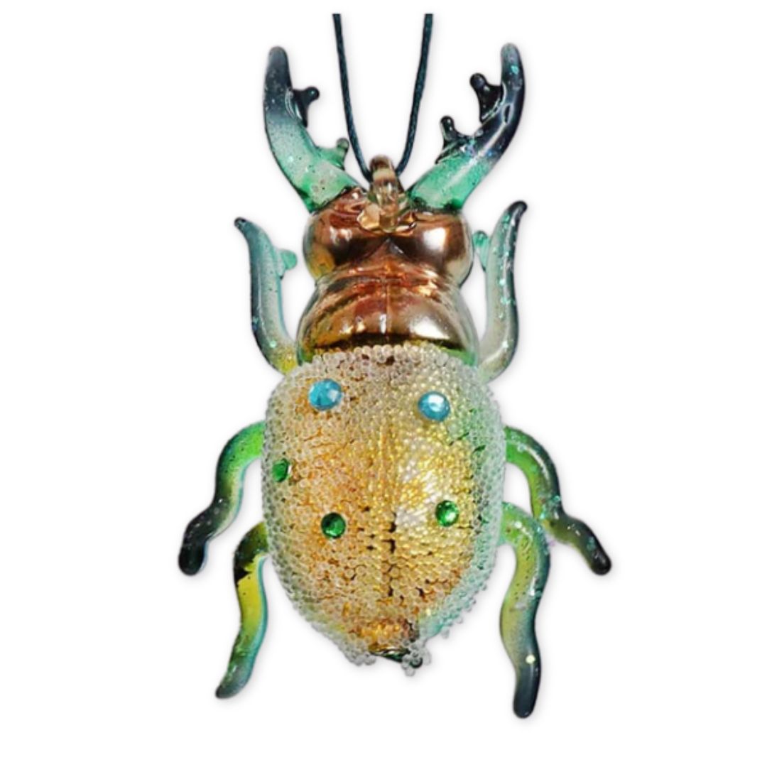 Glitter coated stag-horn beetle ornament, in green and yellow