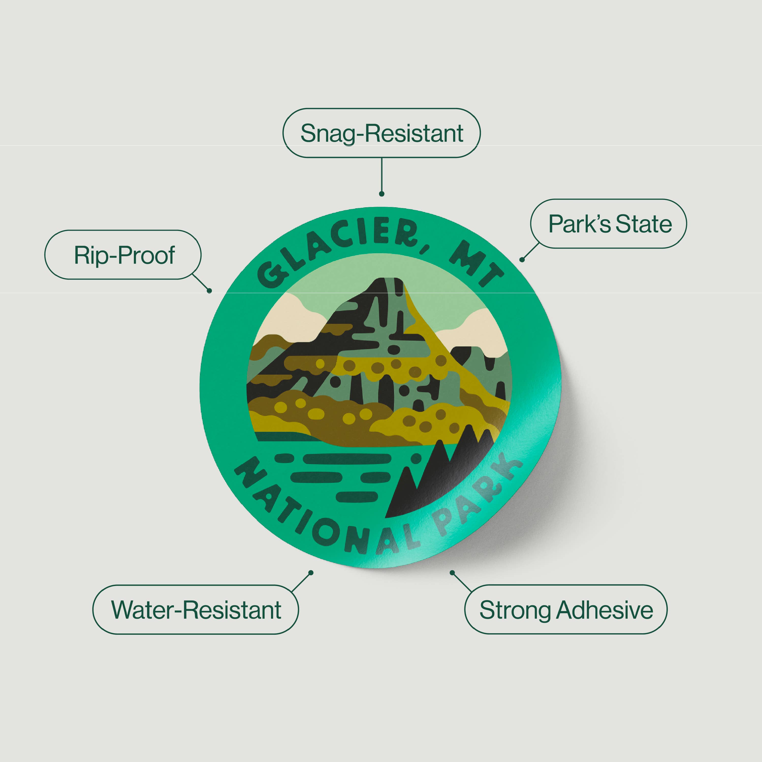 Glacier National Park badge with features listed on a light gray background