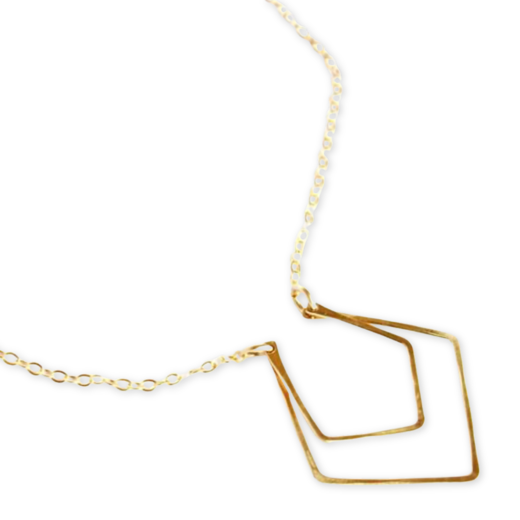 two open geometric shaped pendants hanging from a thin necklace chain