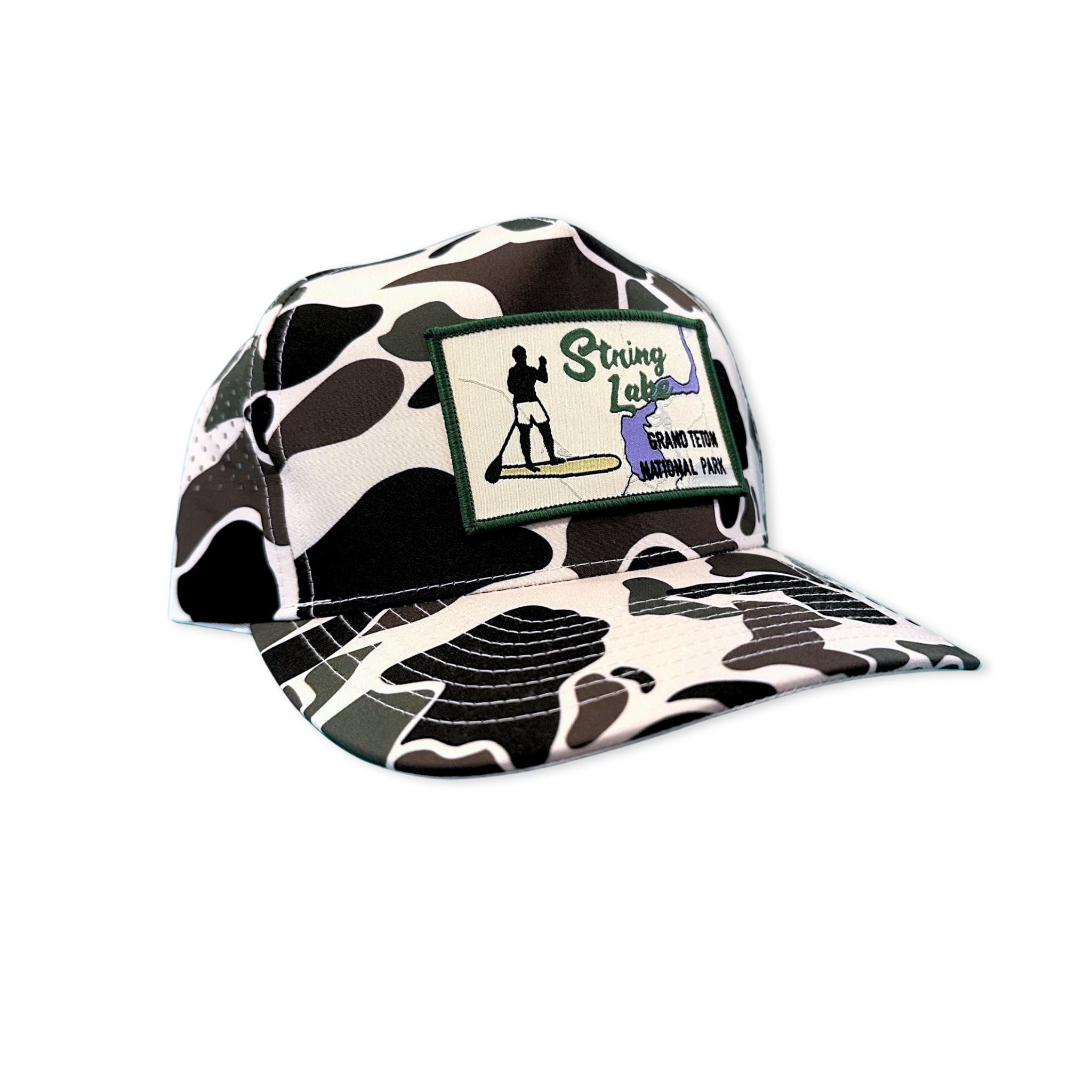 Camo hat with a perforated back, featuring the string lake patch.