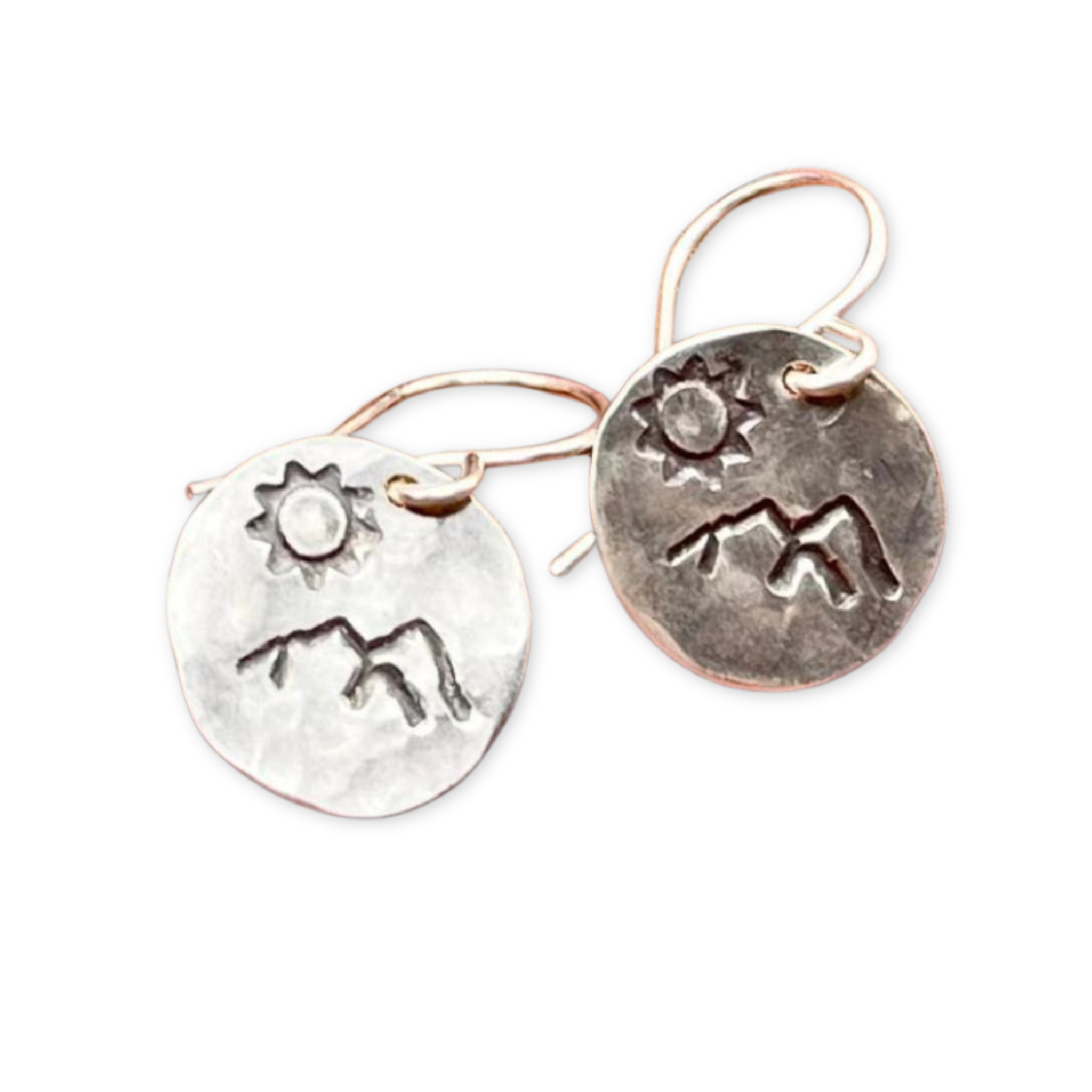 earrings with round hammered disc with a stamped mountain and sun
