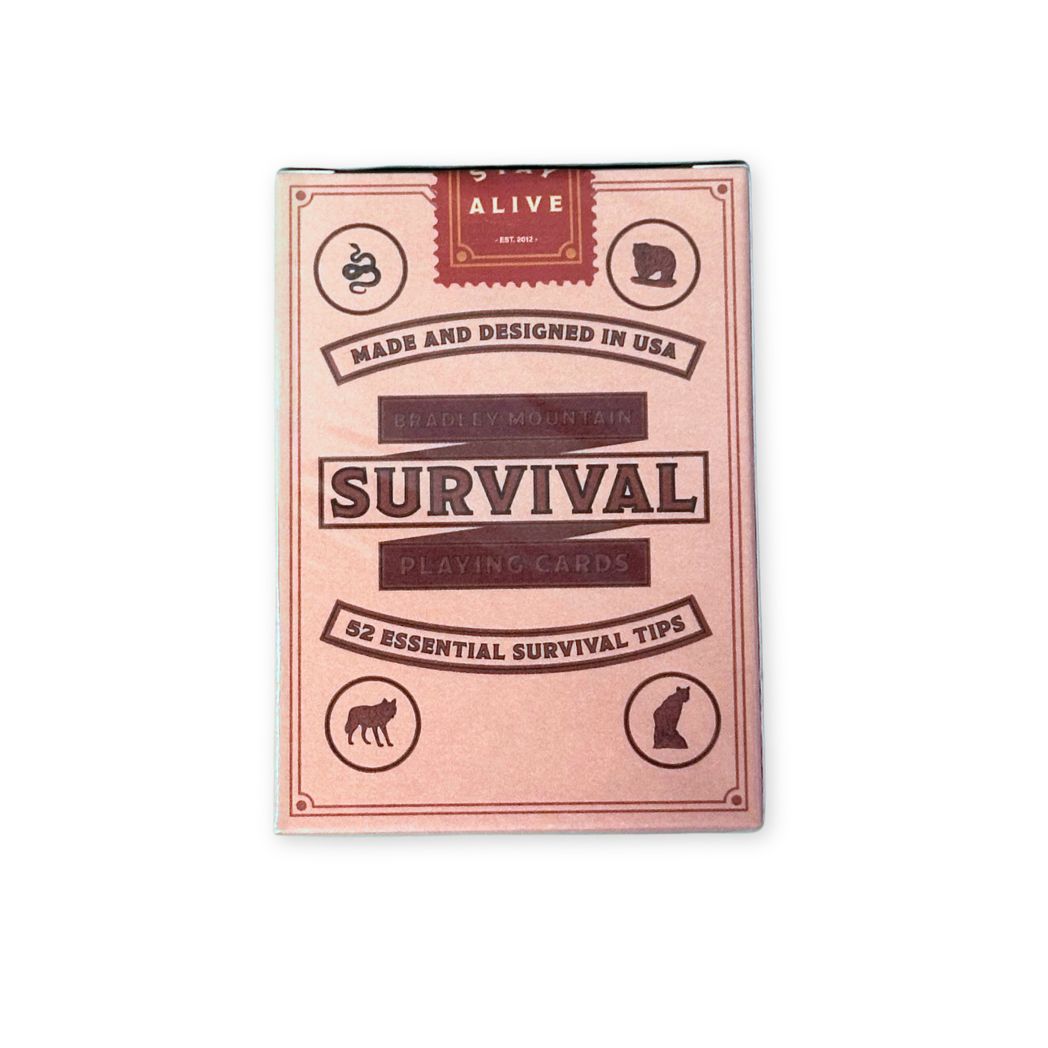 Survival playing cards packaging with text on a white background
