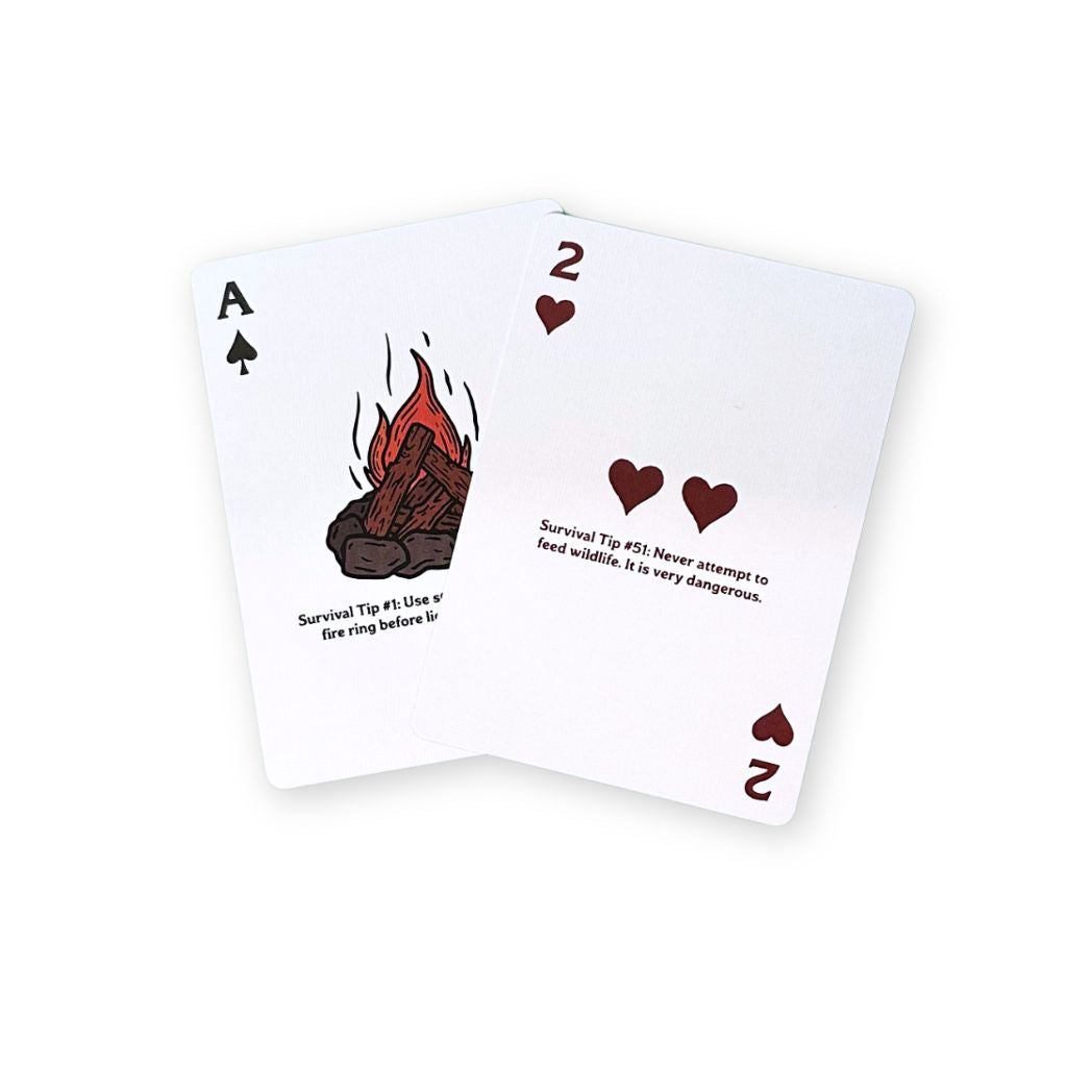 Two playing cards with illustrations and text on a white background