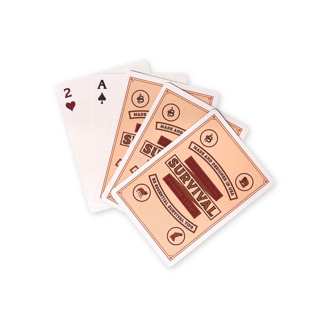 Four playing cards with 'SURVIVAL' text on a white background