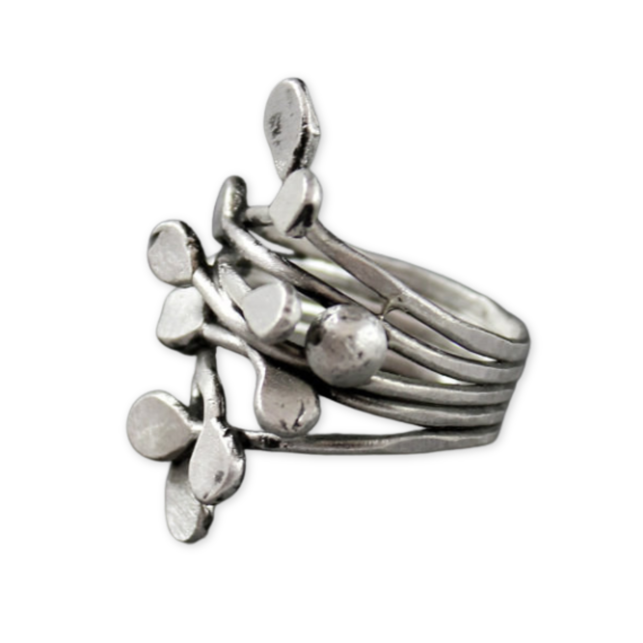 silver ring with thin strips of metals and balls