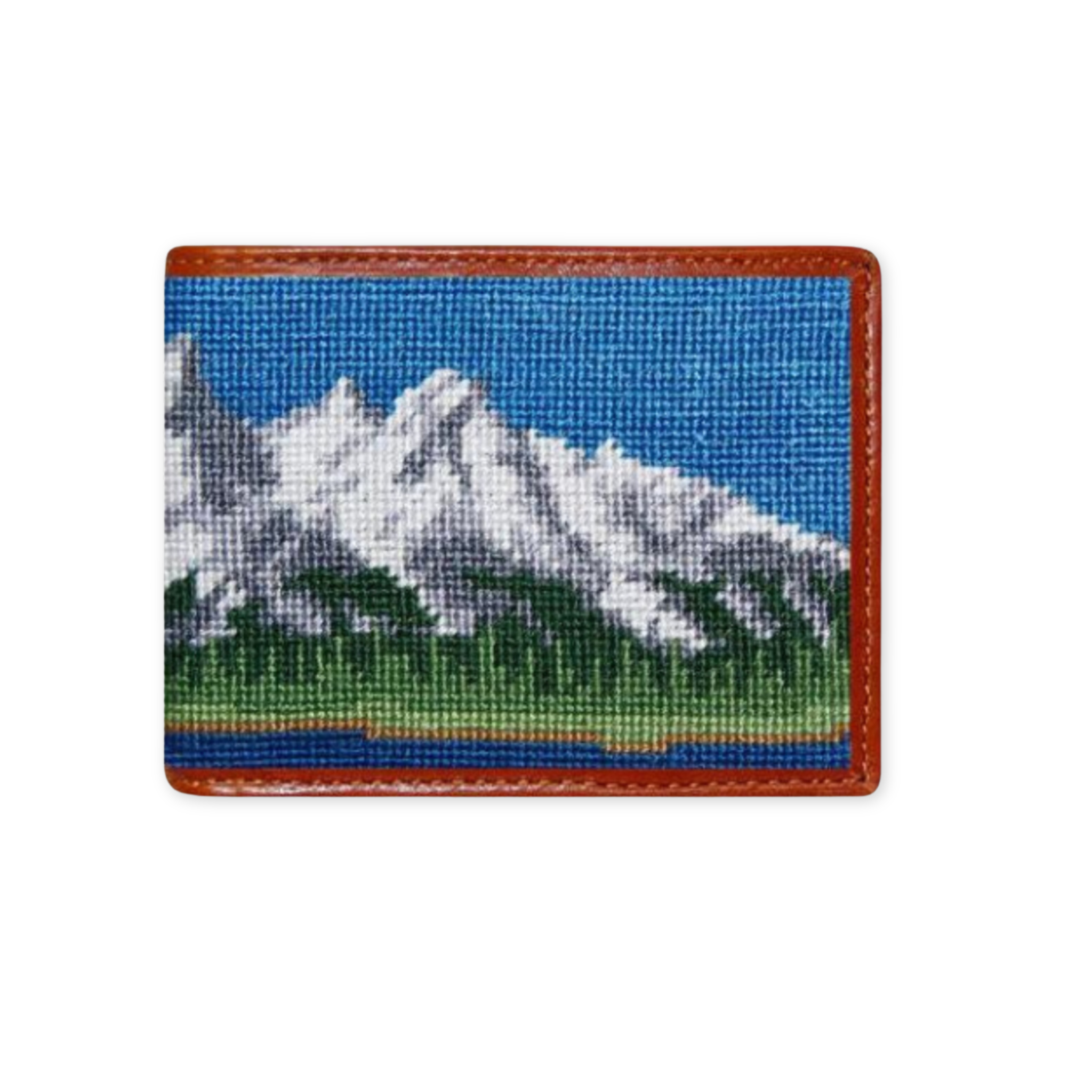 hand stitched needlepoint and leather bifold wallet with teton mountain range desgin