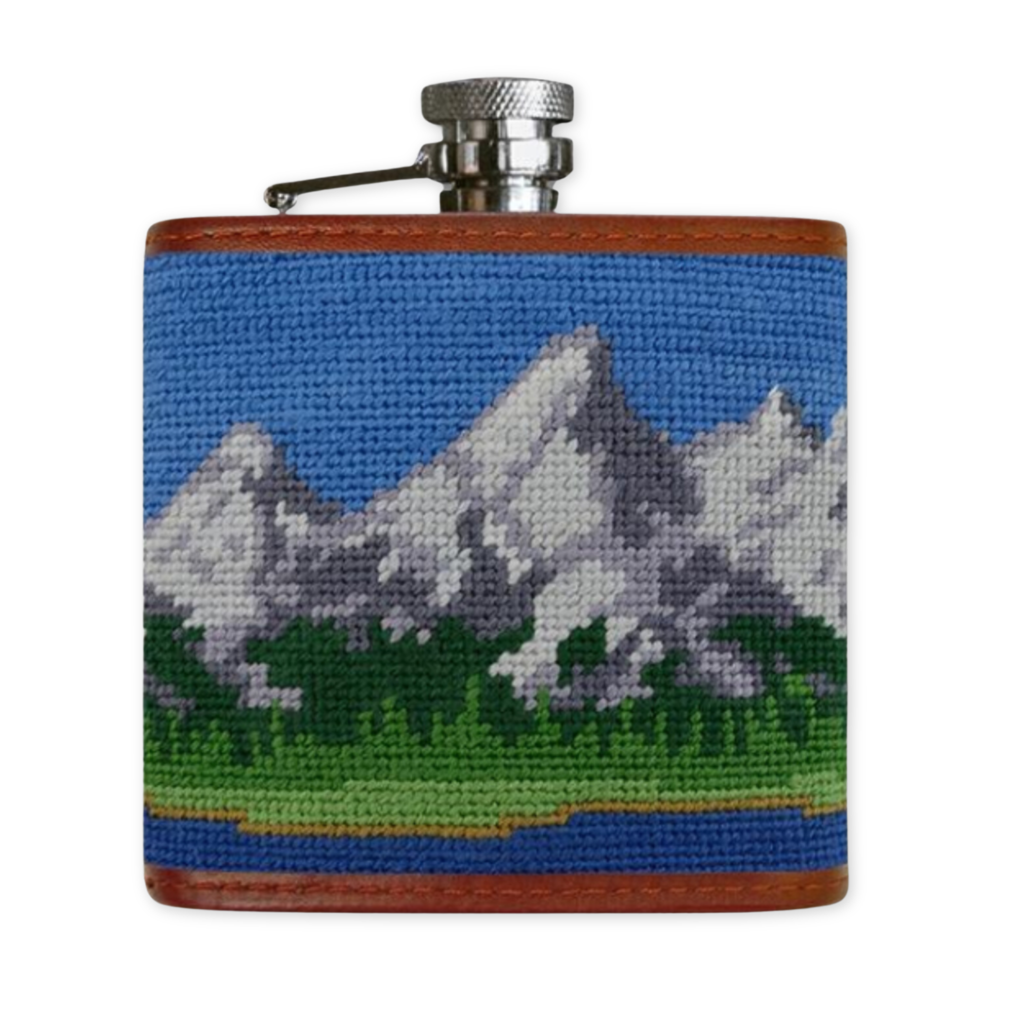 hand stitched needlepoint flask with teton mountain range design