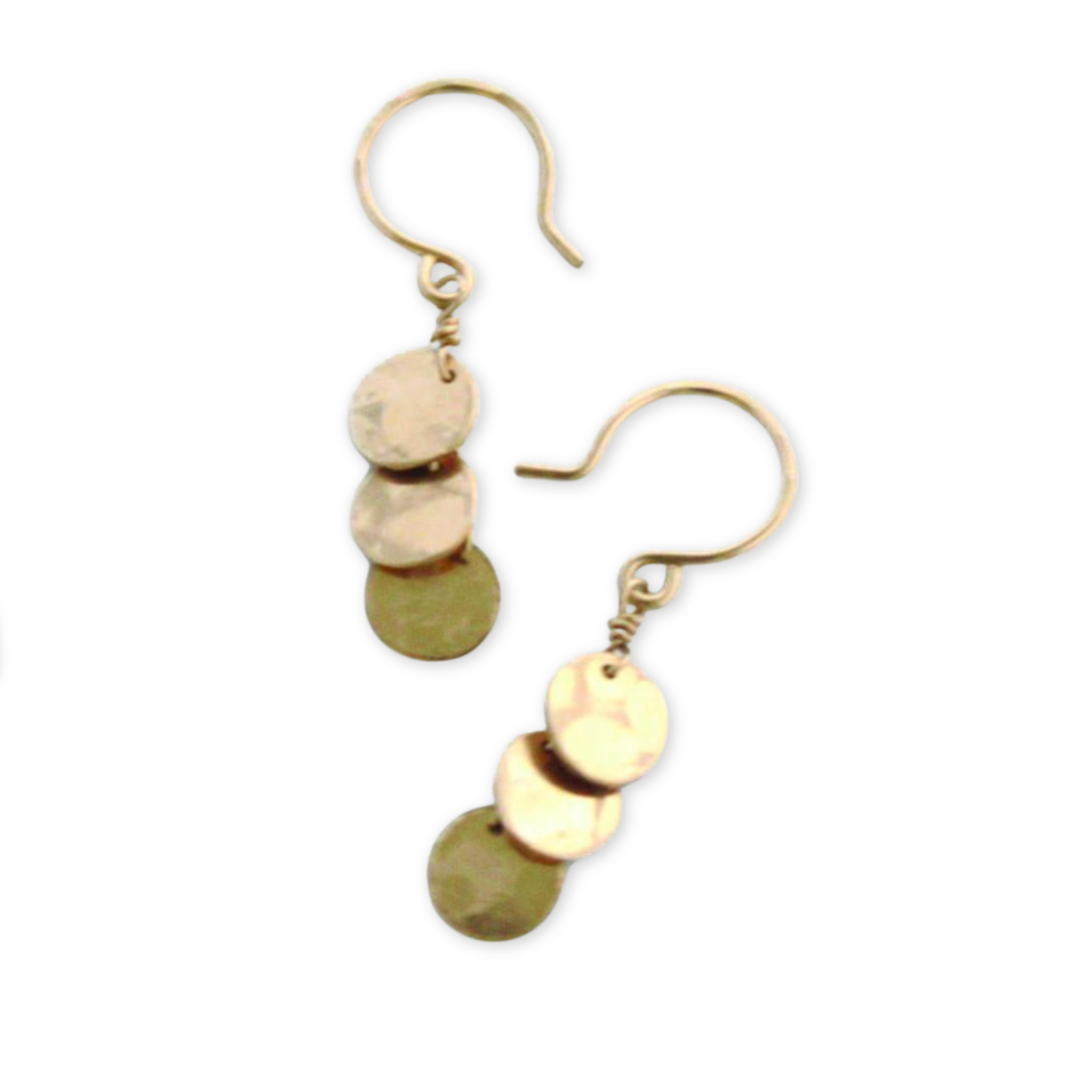 dangling earrings with three small hammered round discs