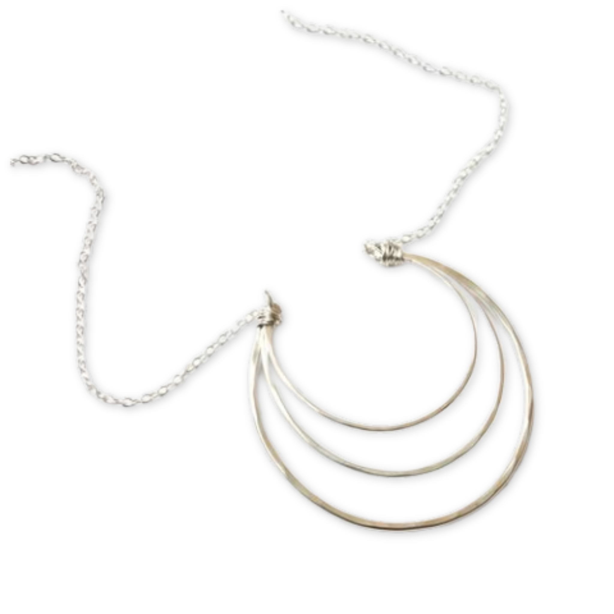 three nested crescent shapes hanging from a thin necklace chain