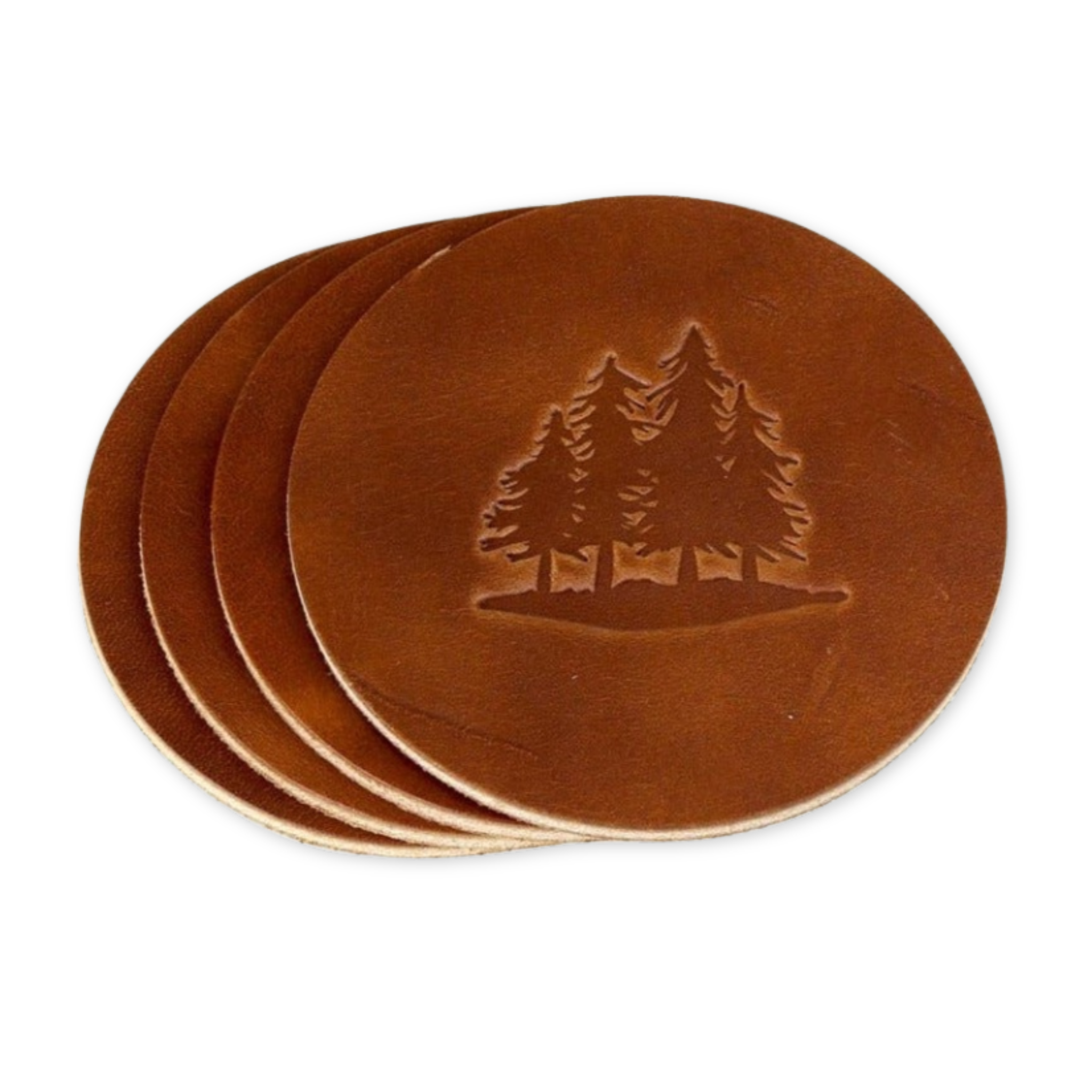 set of four leather coasters heat stamped with pine tree design