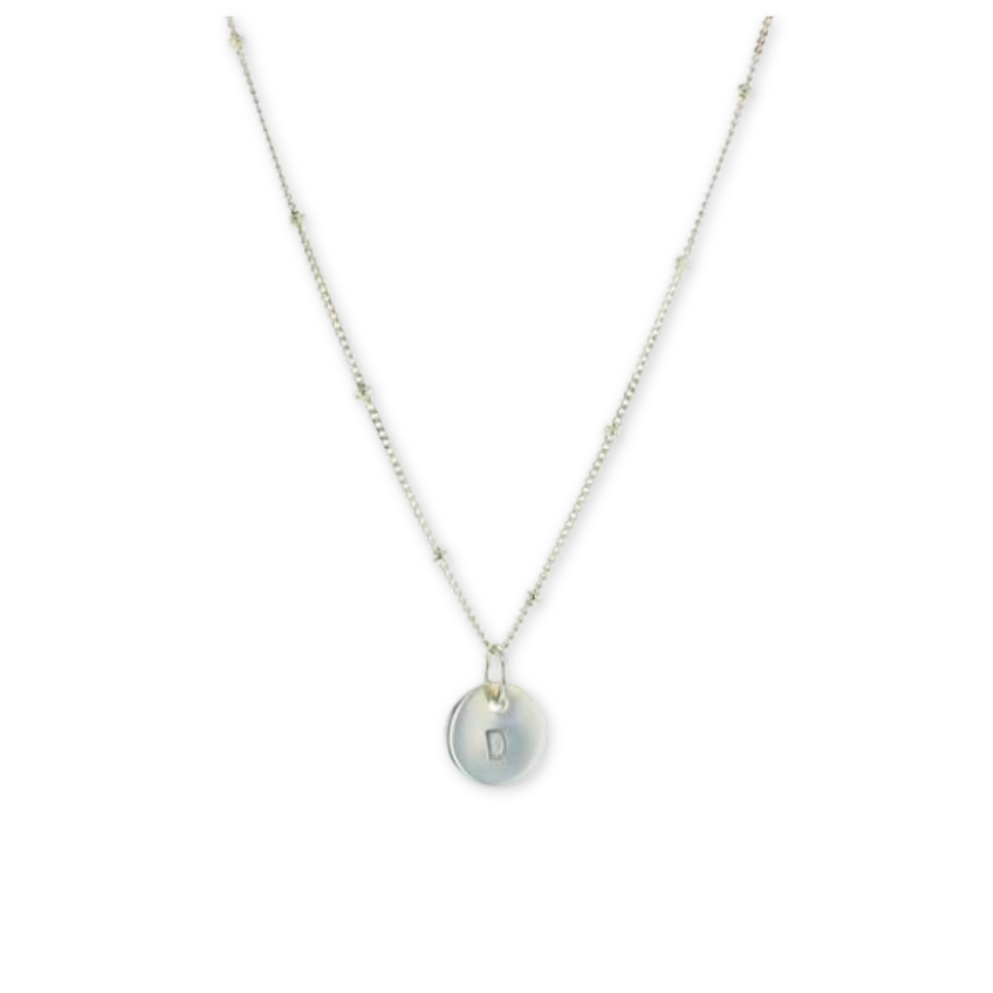 thin necklace with a hanging round disc pendant stamped with a letter on a chain