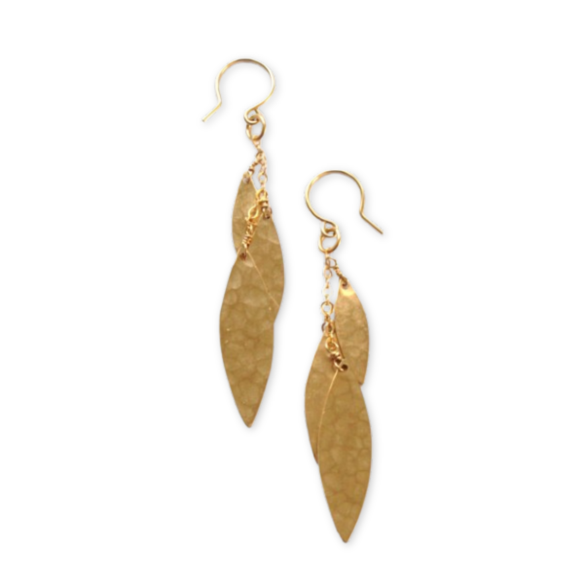 earrings with a cluster of three hammered leaf shaped pendants hanging on small chains