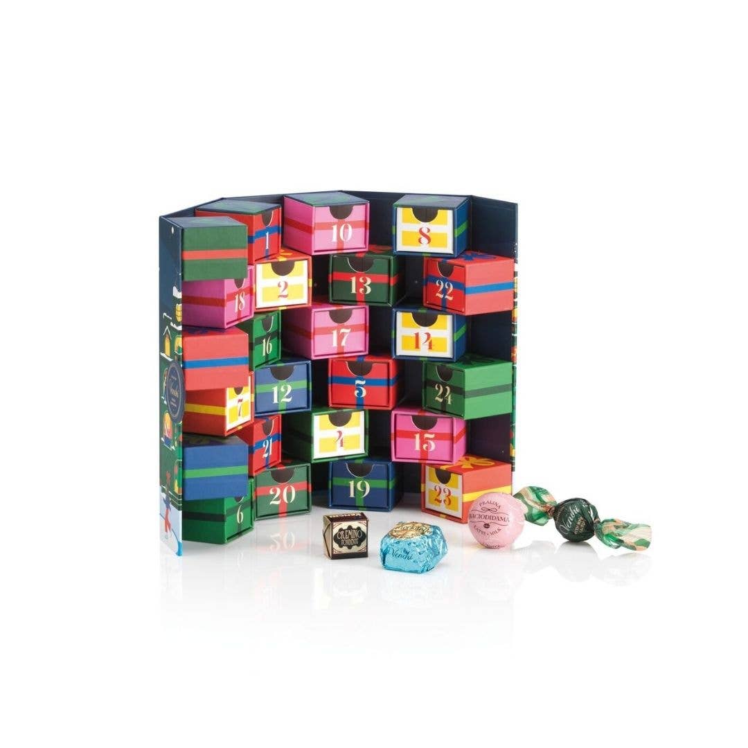 Venchi chocolate advent calendar with festive design and red ribbon on a white background