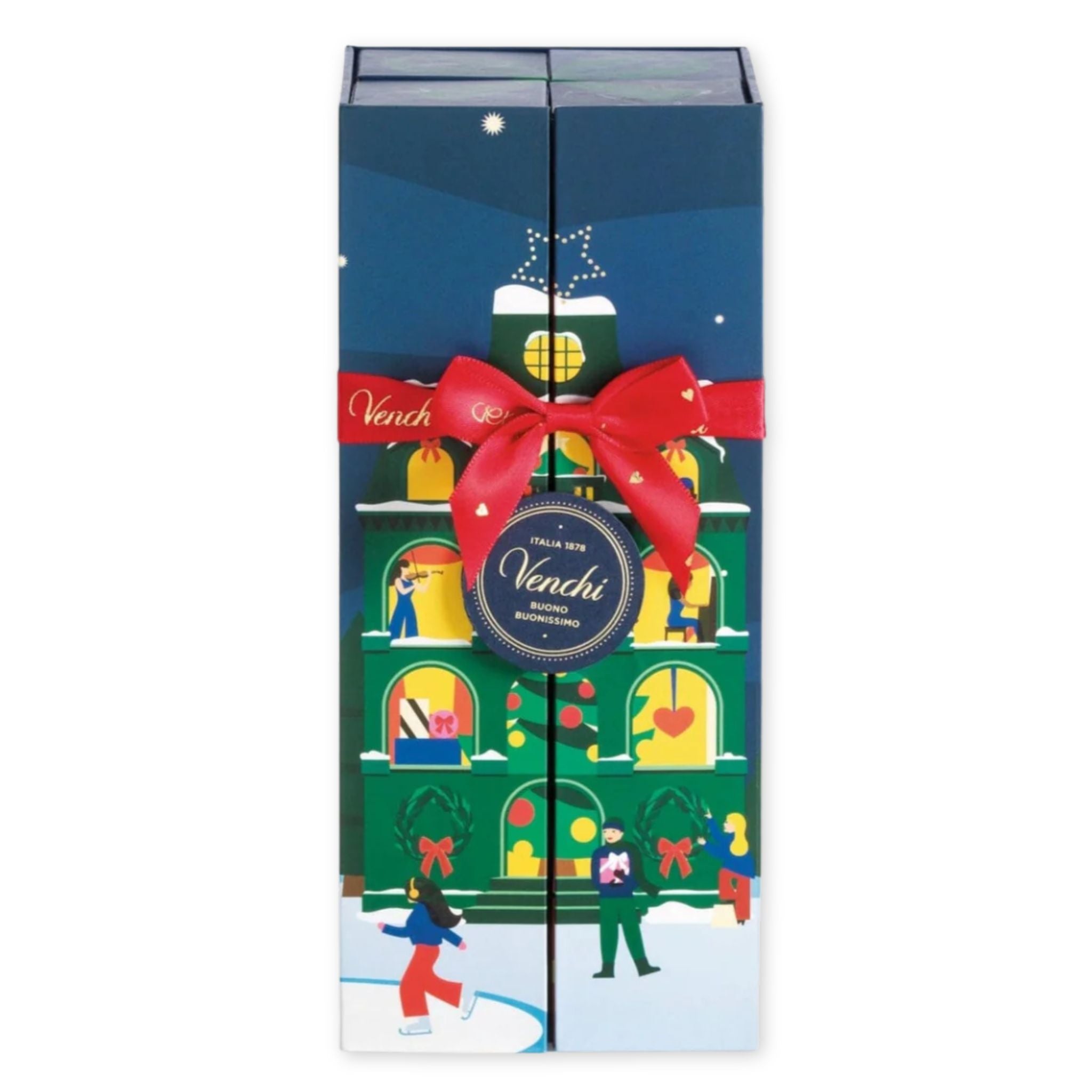 Venchi chocolate advent calendar with festive design and red ribbon on a white background
