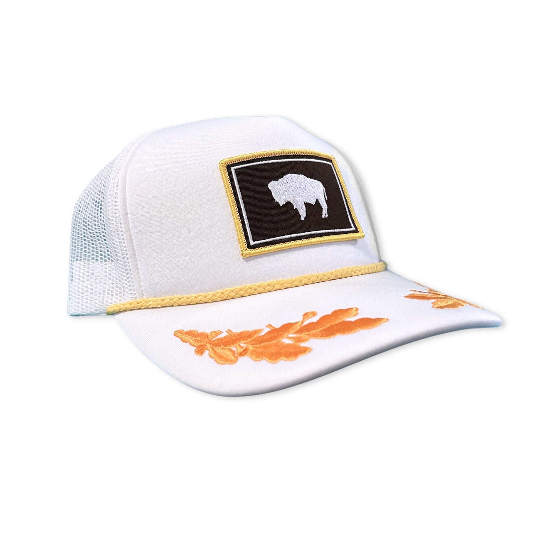 Foam captain trucker hat featuring the brown and marigold Wyoming flag patch.