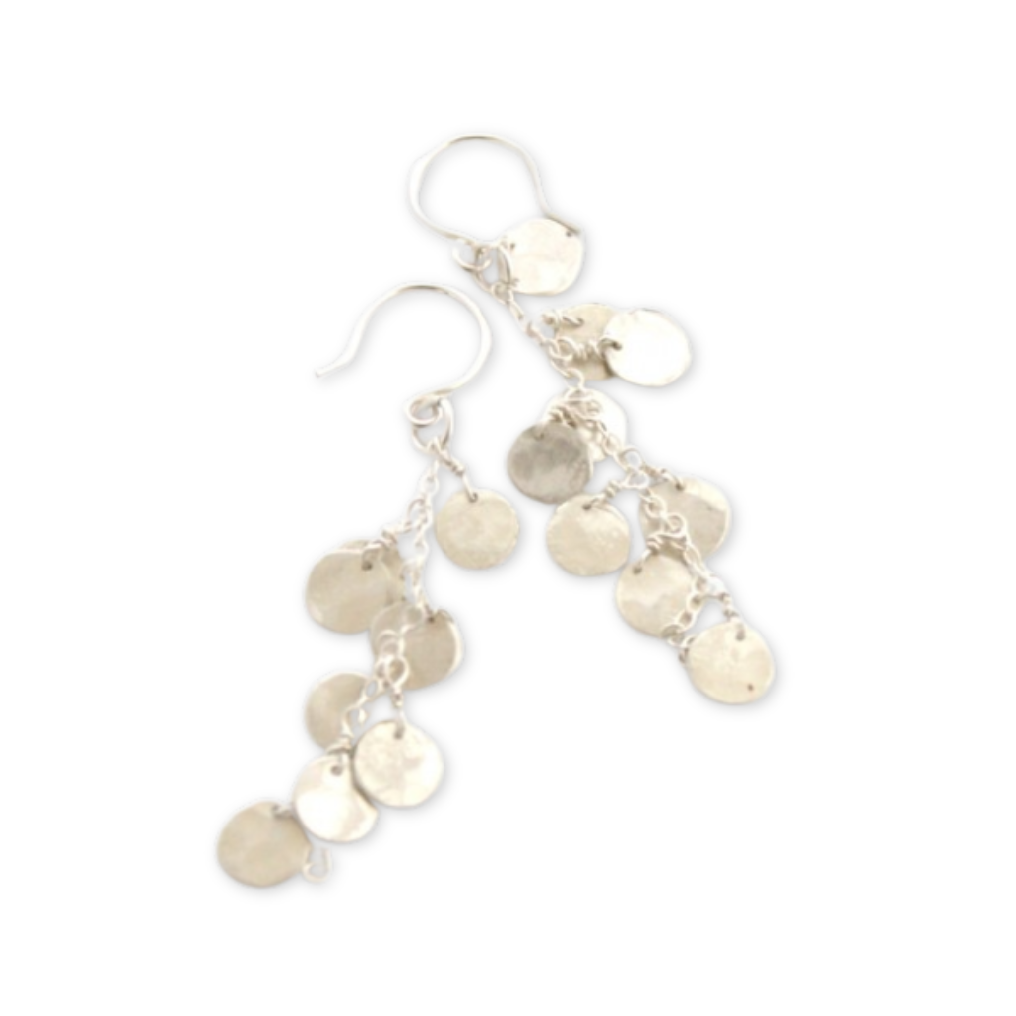 a pair of earrings with clusters of small hand cut hammered discs hanging on a chain