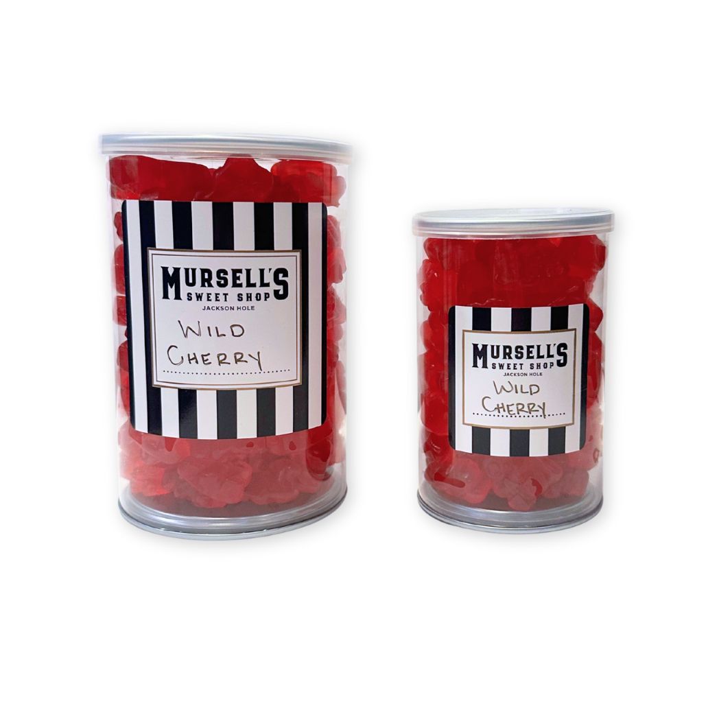 Small and large jars of wild cherry gummi bears, from Mursell's Sweet Shop.