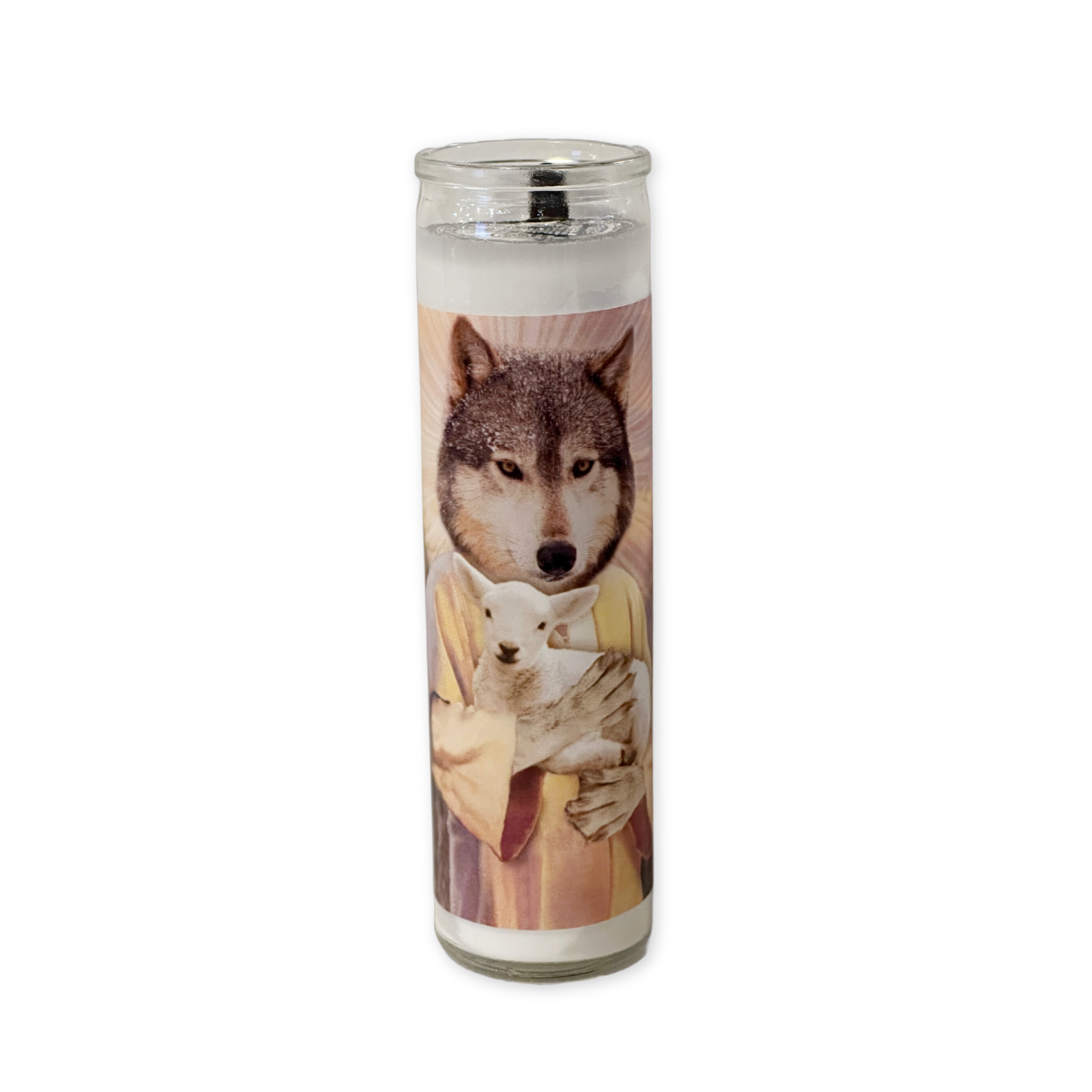 unscented prayer candle with a wolf