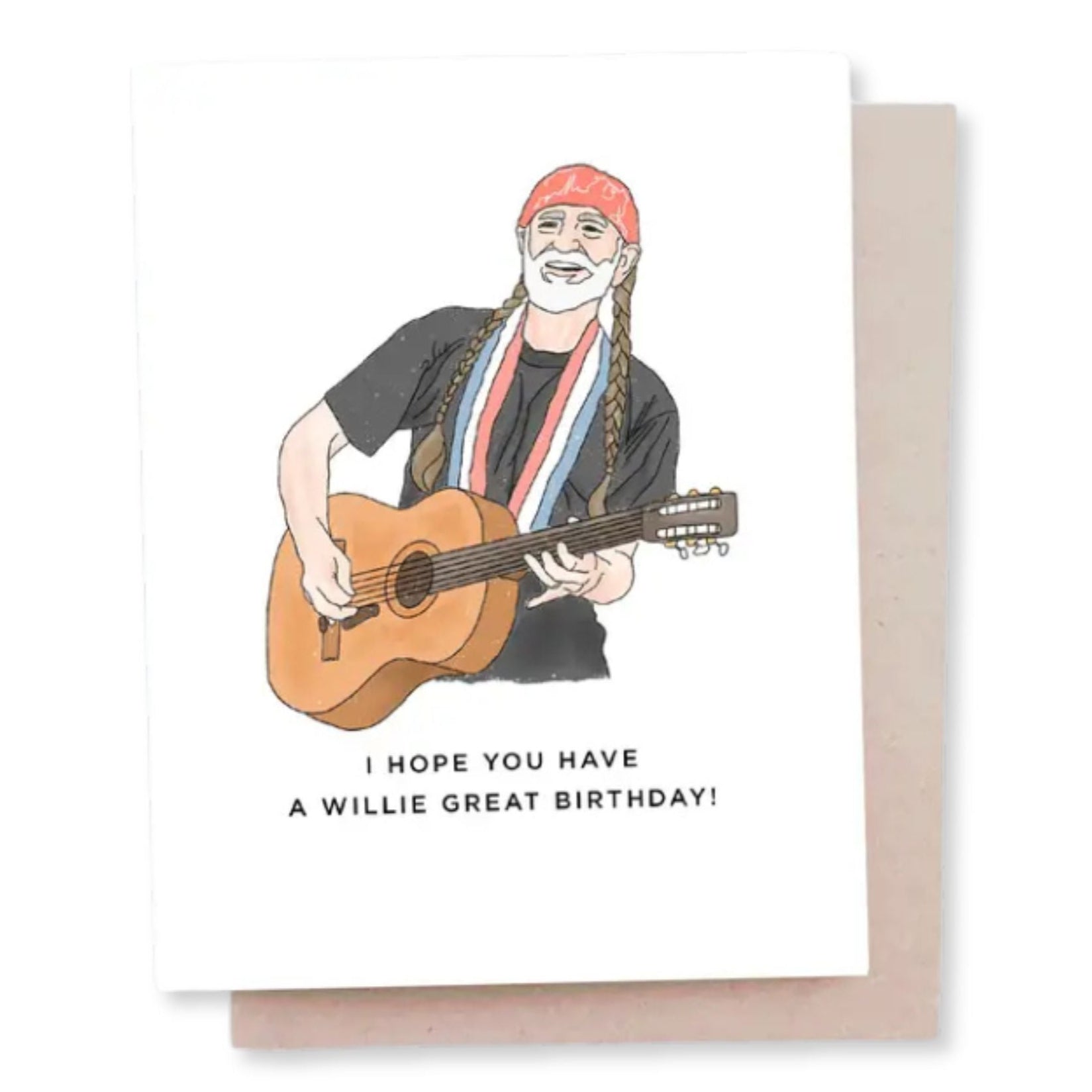 Greeting card with illustration of a person playing guitar and humorous birthday message.