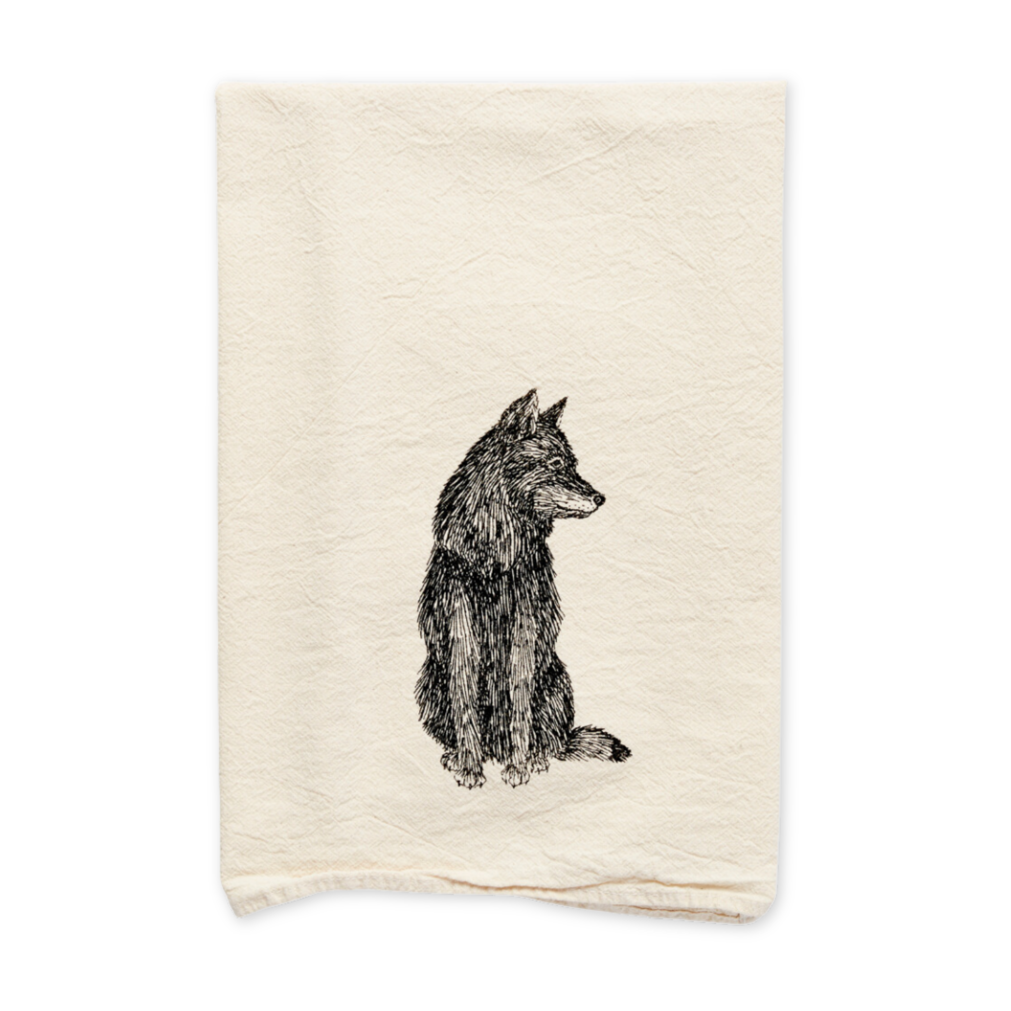 flour sack cotton tea towel featuring a screen printed wolf design