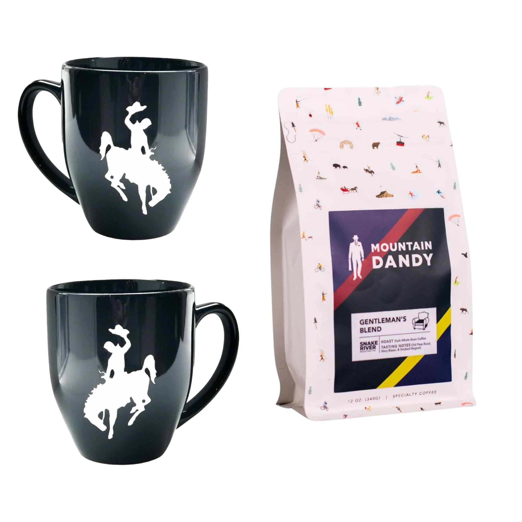 Two black mugs with a white logo and a package of Mountain Dandy coffee on a white background.