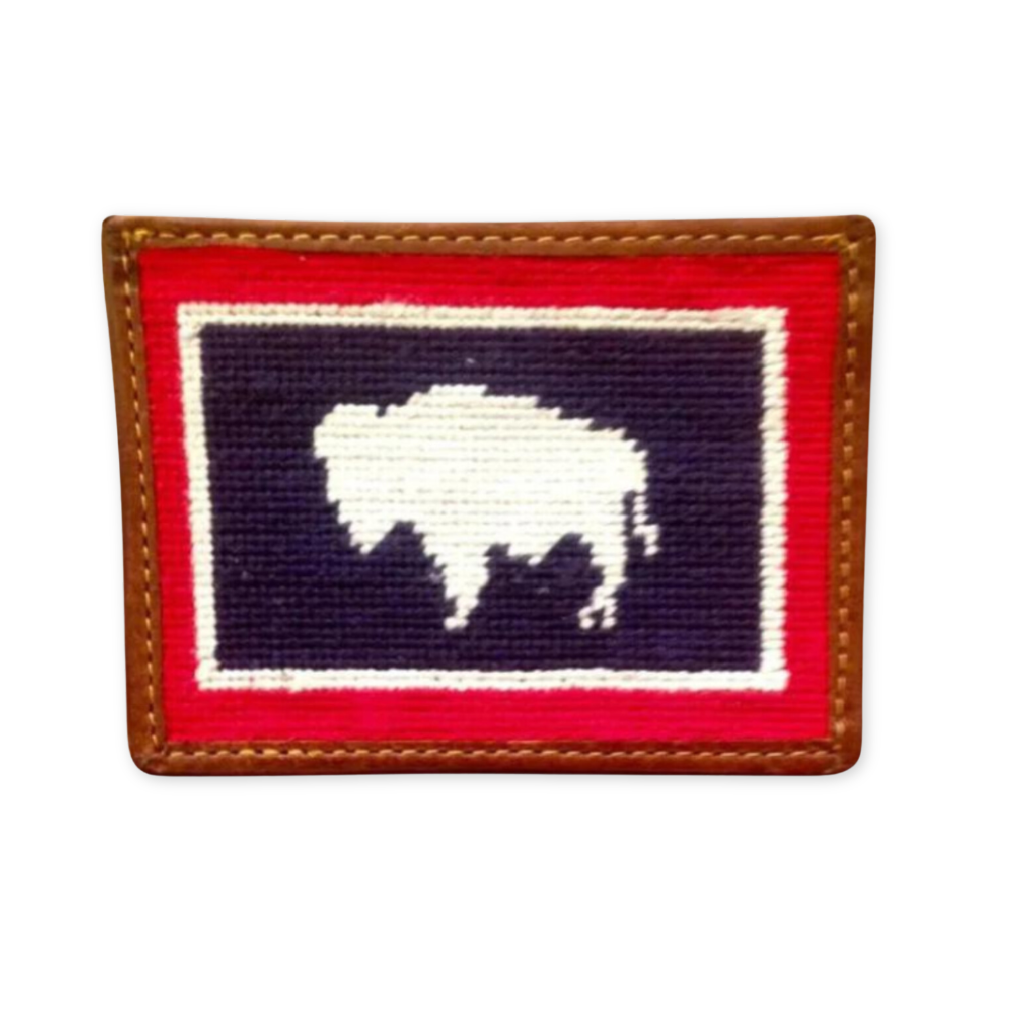 hand stitched needlepoint card holder with a wyoming flag design