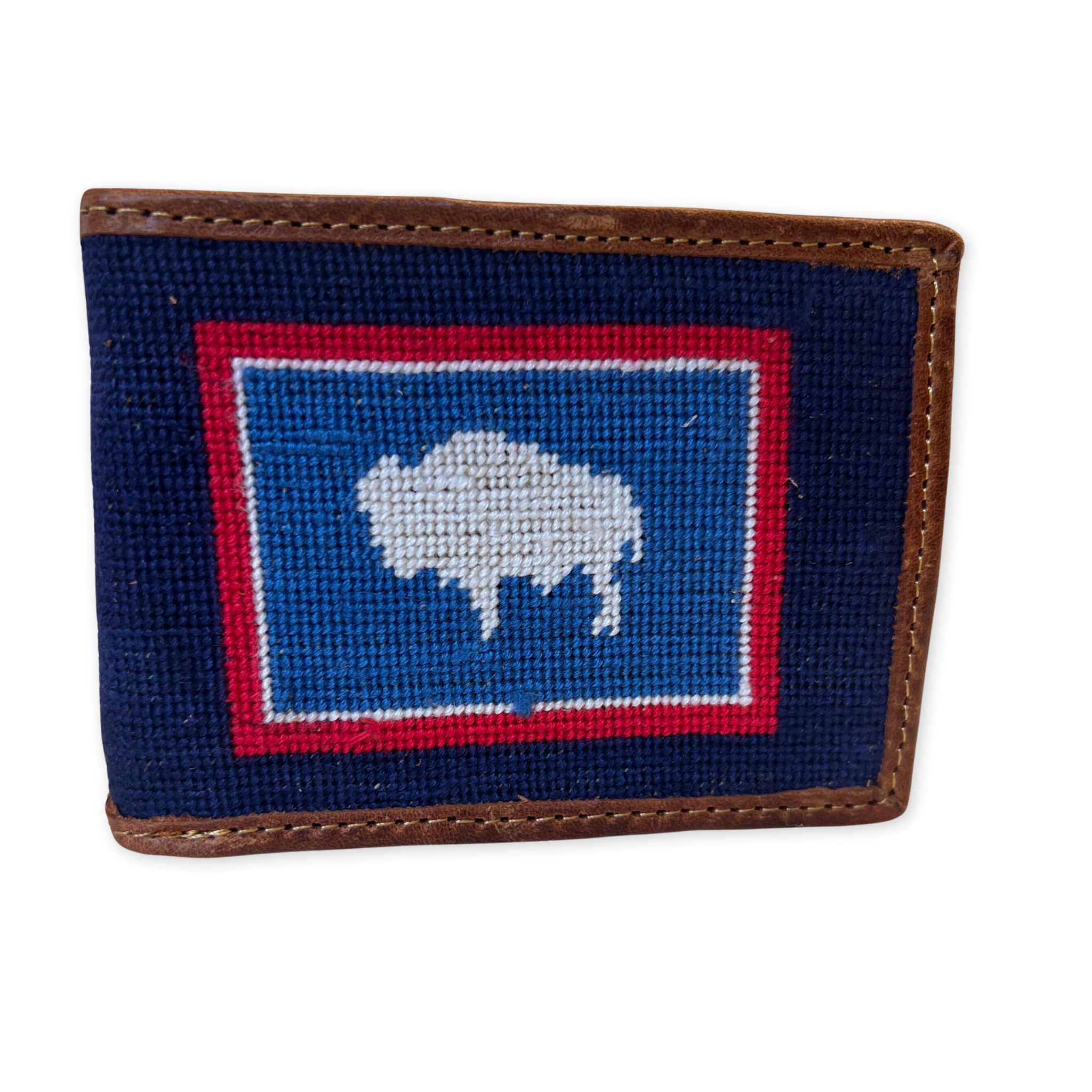 hand stitched needlepoint and leather bifold wallet with wyoming flag desgin