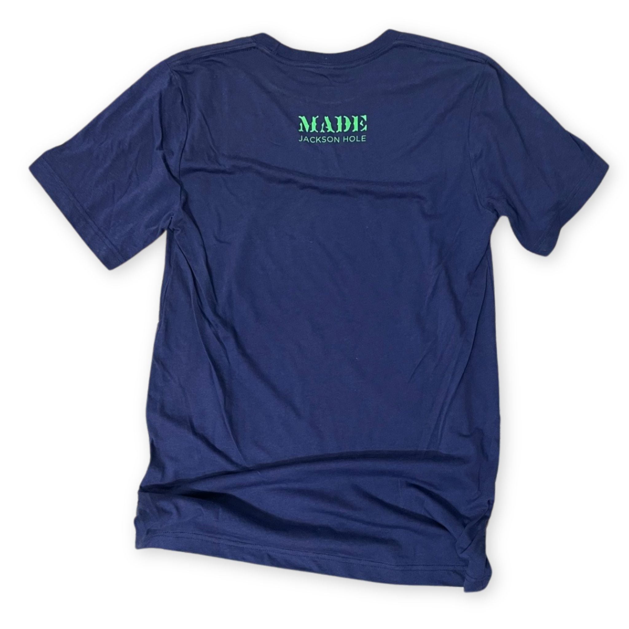 blue shirt with MADE logo