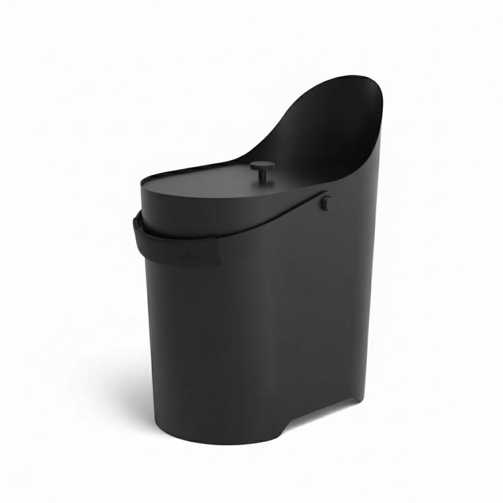 Black steal container with a lid and leather