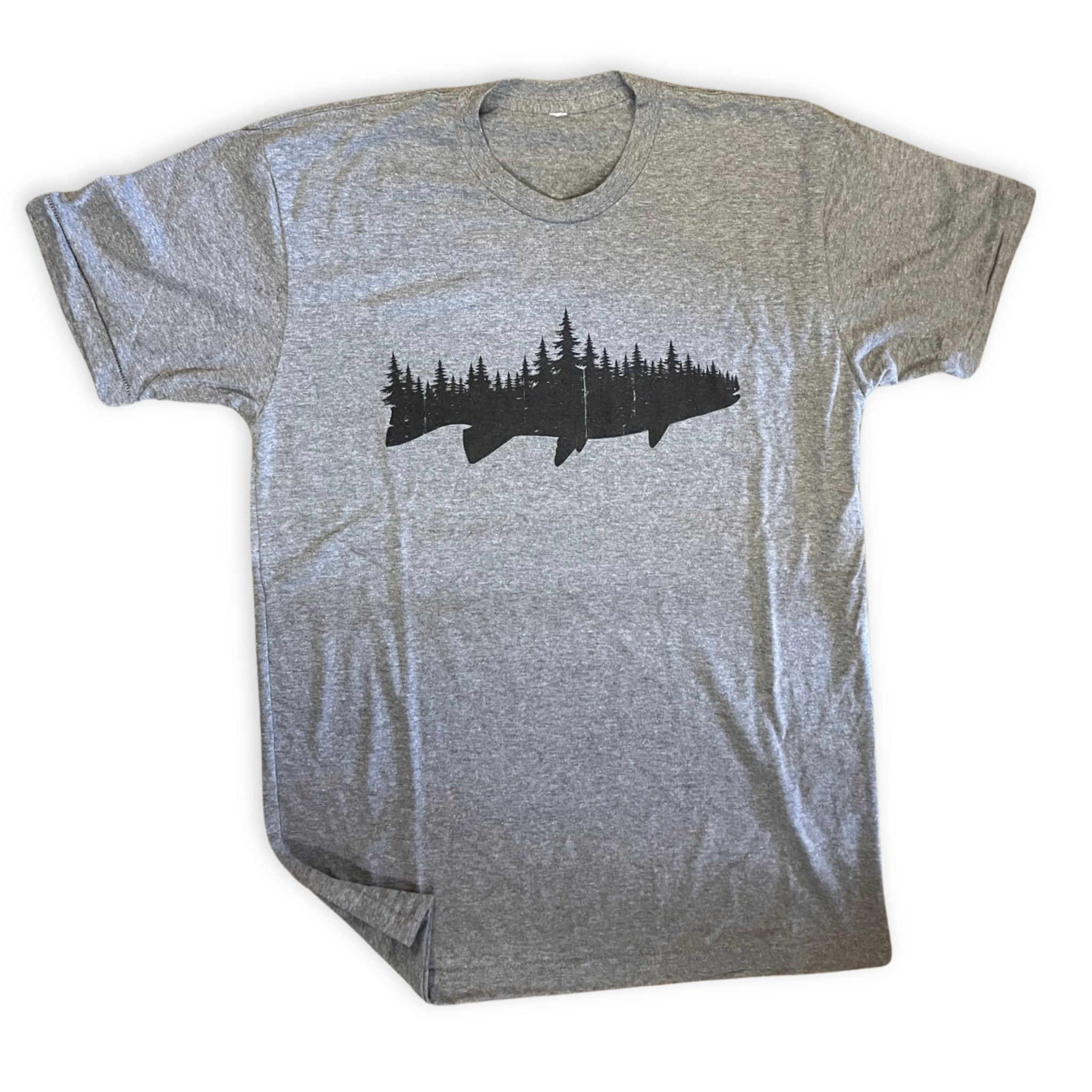 heather grey shirt with charcoal lish and forest mashed up design