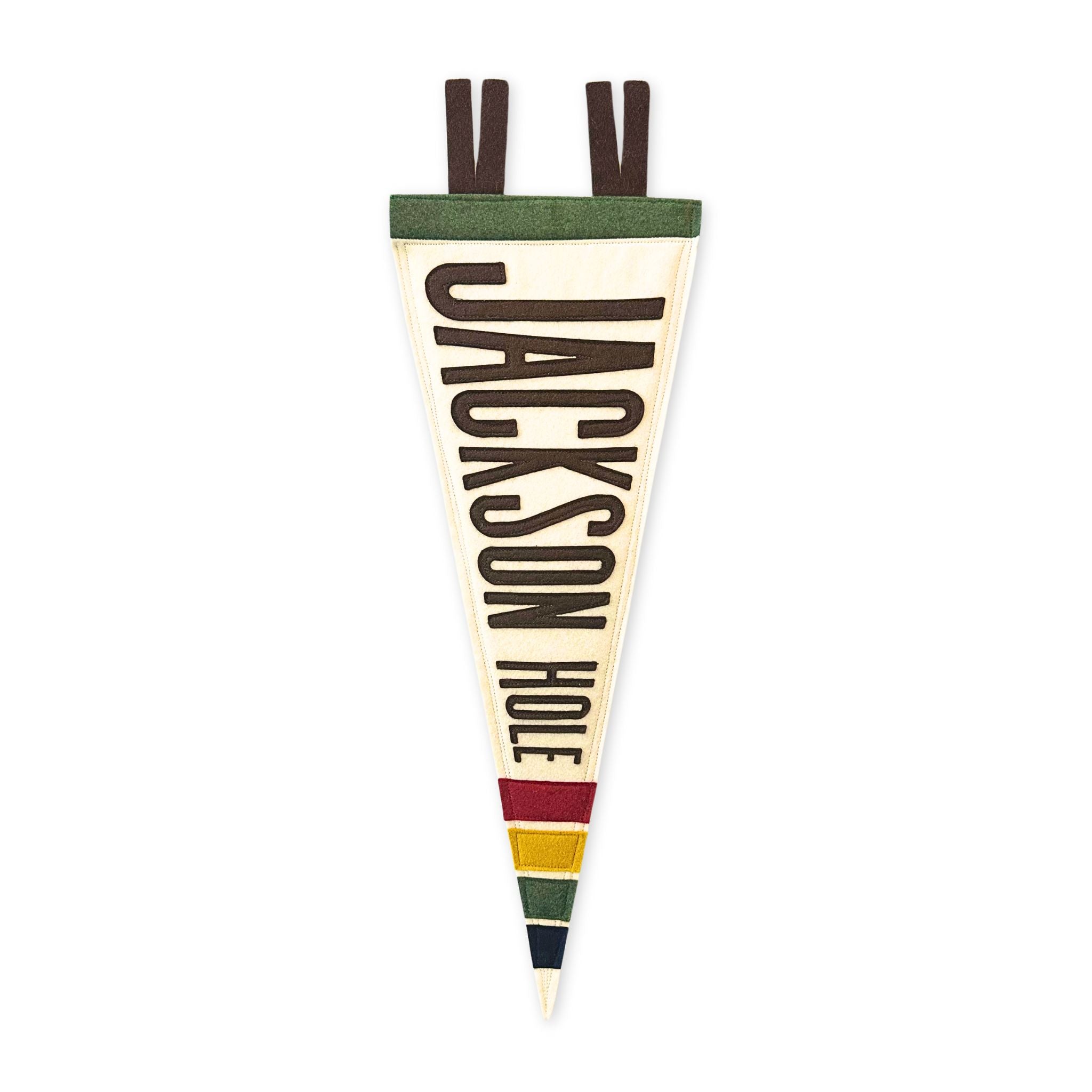 stitched felt pennant featuring pendleton inspired stripes and the words jackson hole