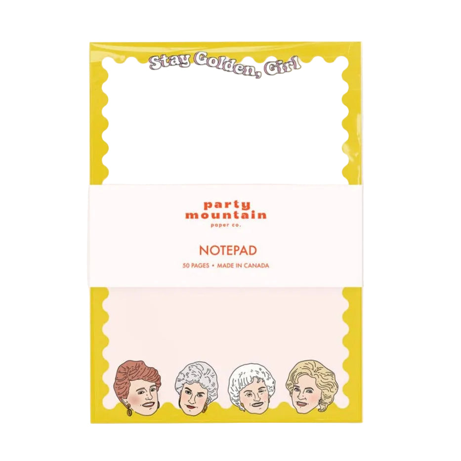 A notepad with a yellow border and illustrations of four characters from a popular TV show. The brand 'party mountain' is printed at the bottom.