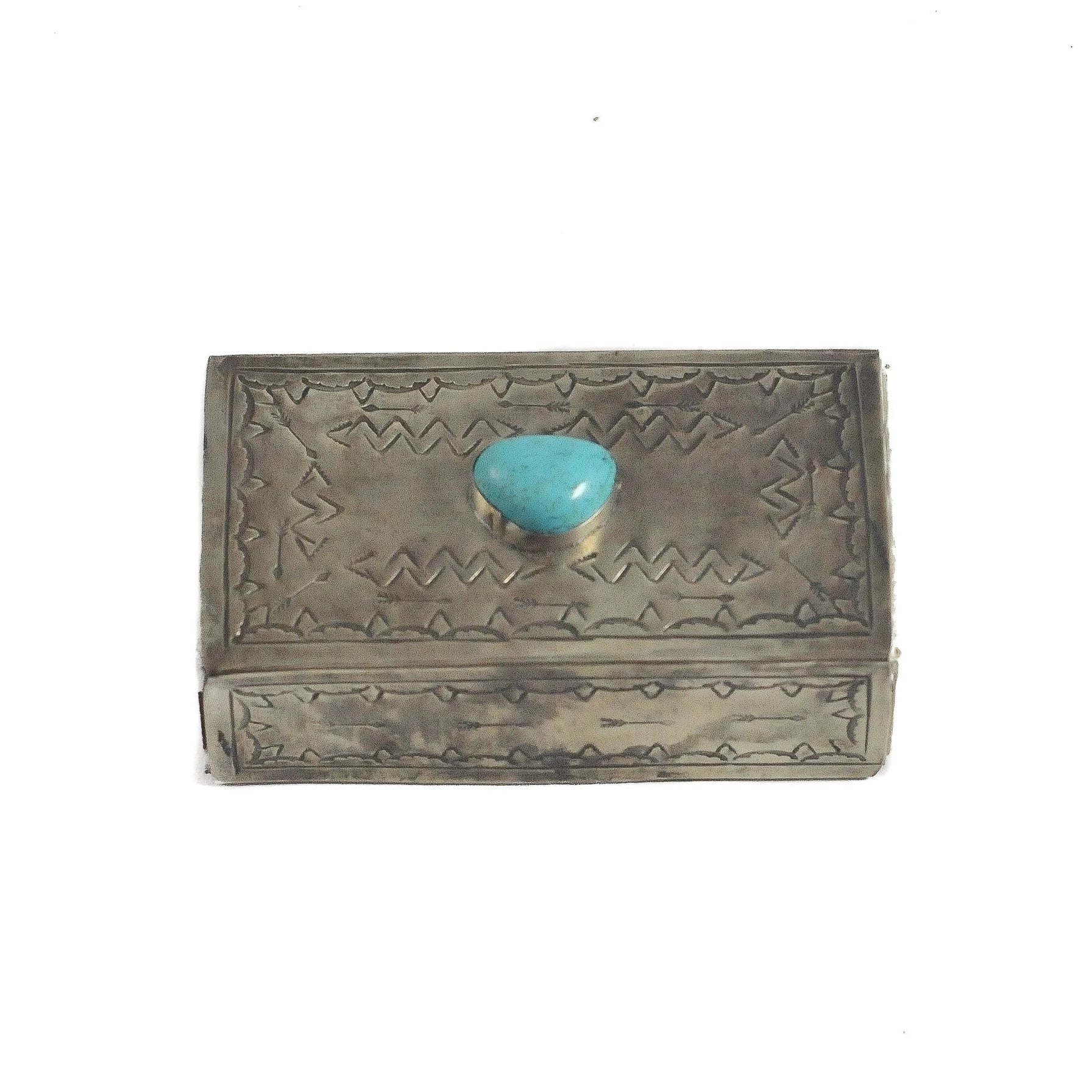 Large Silver Stamped Matchbox With Turquoise