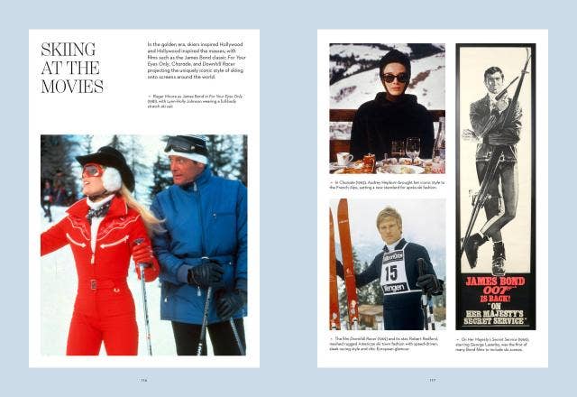 Illustration of people skiing with movie posters on a light blue background