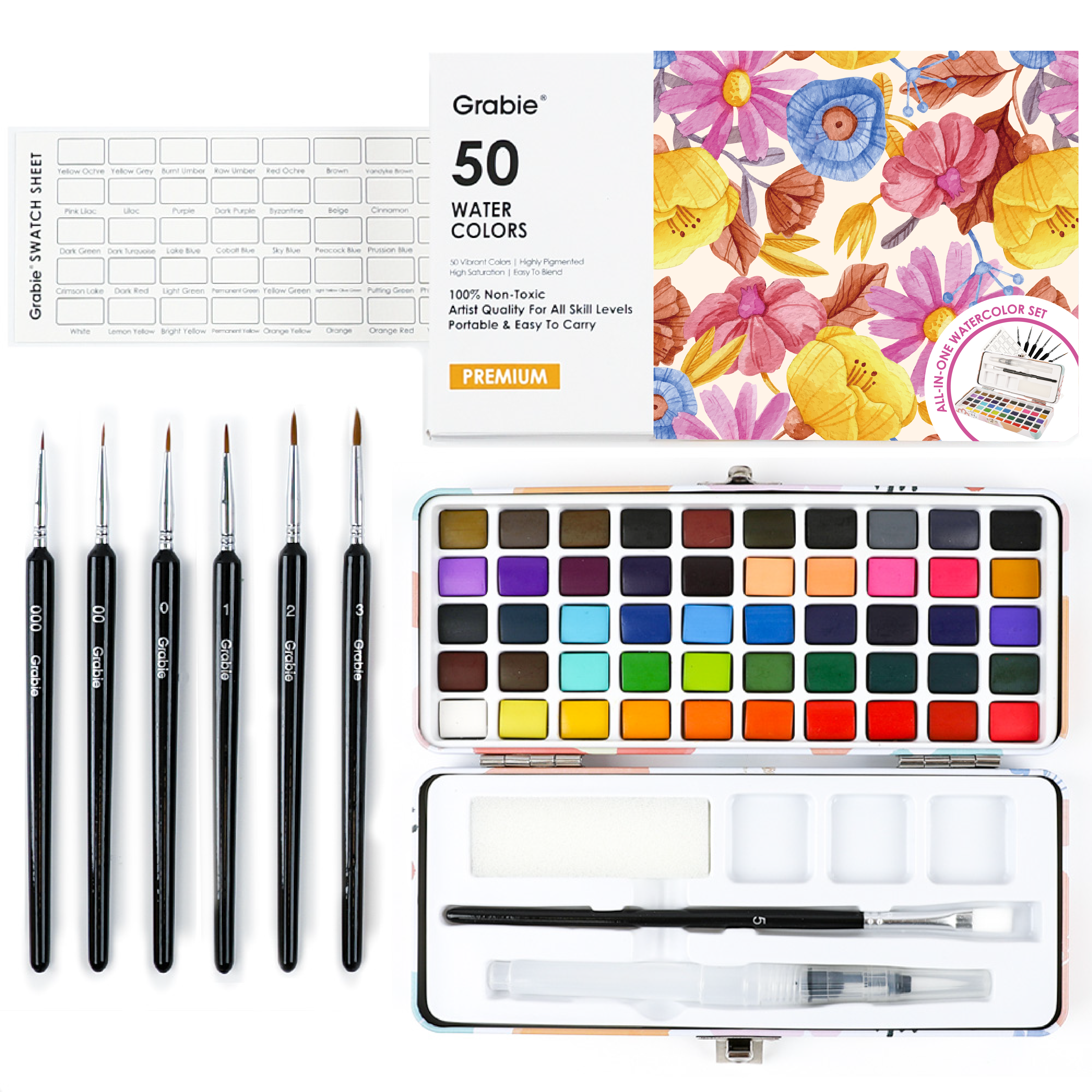 Art supply set with watercolor paints, brushes, and a swatch sheet on a white background.