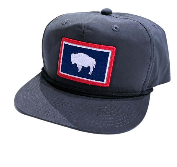 Navy Hat with Flat Brim - Wyoming Flag Patch Hat
