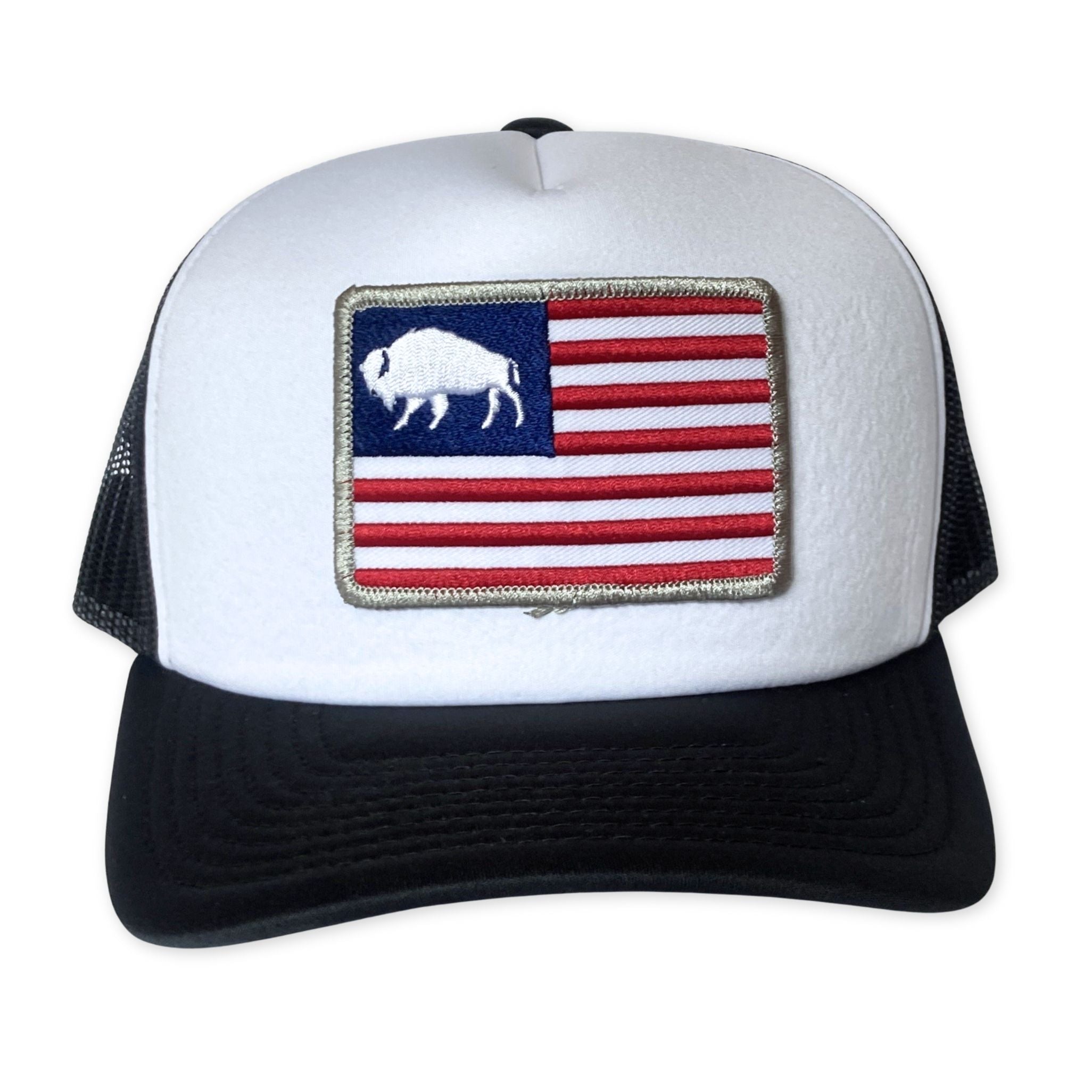 White Foam Trucker Bison American Flag Patch Hat