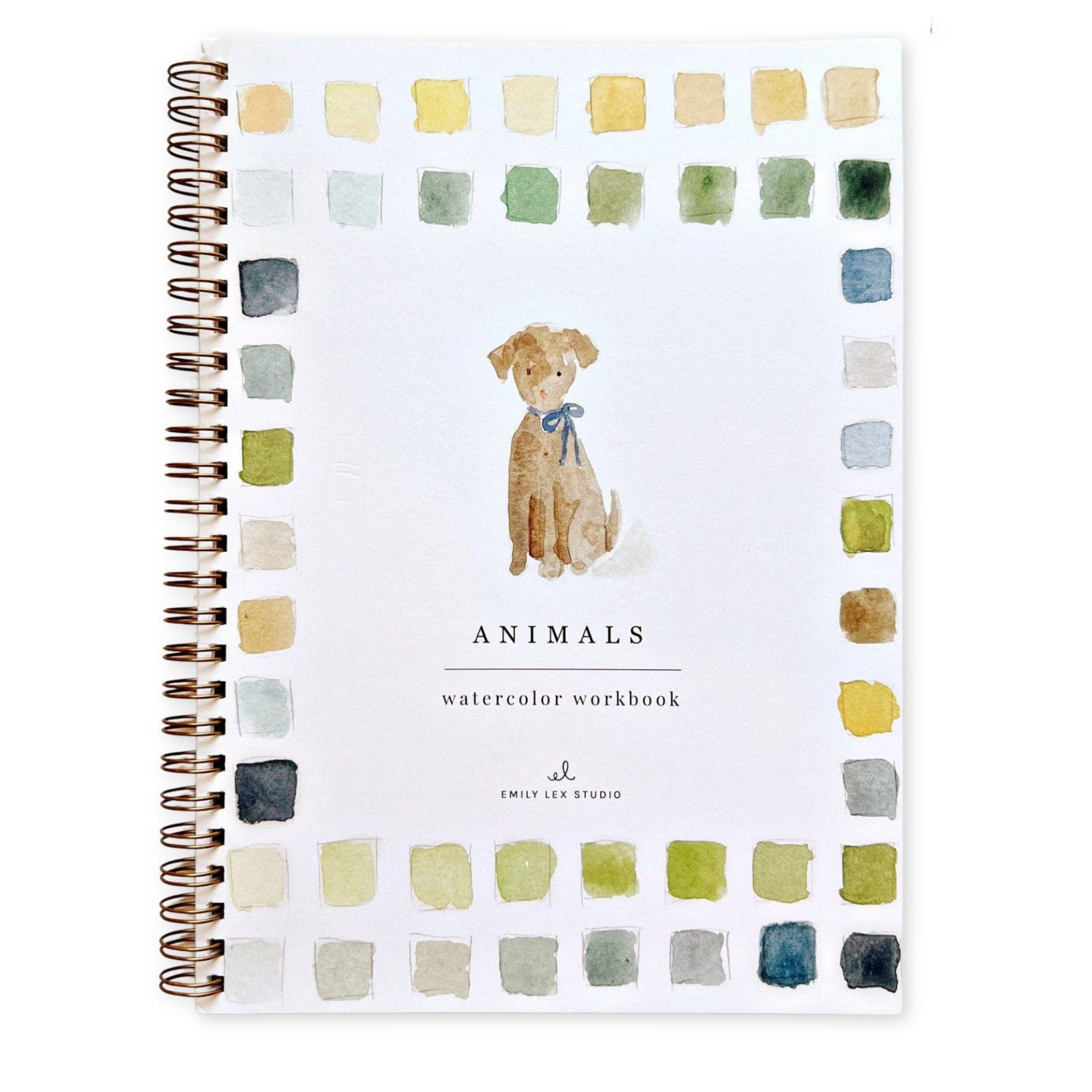 Watercolor workbook cover with a dog illustration and color swatches on a white background
