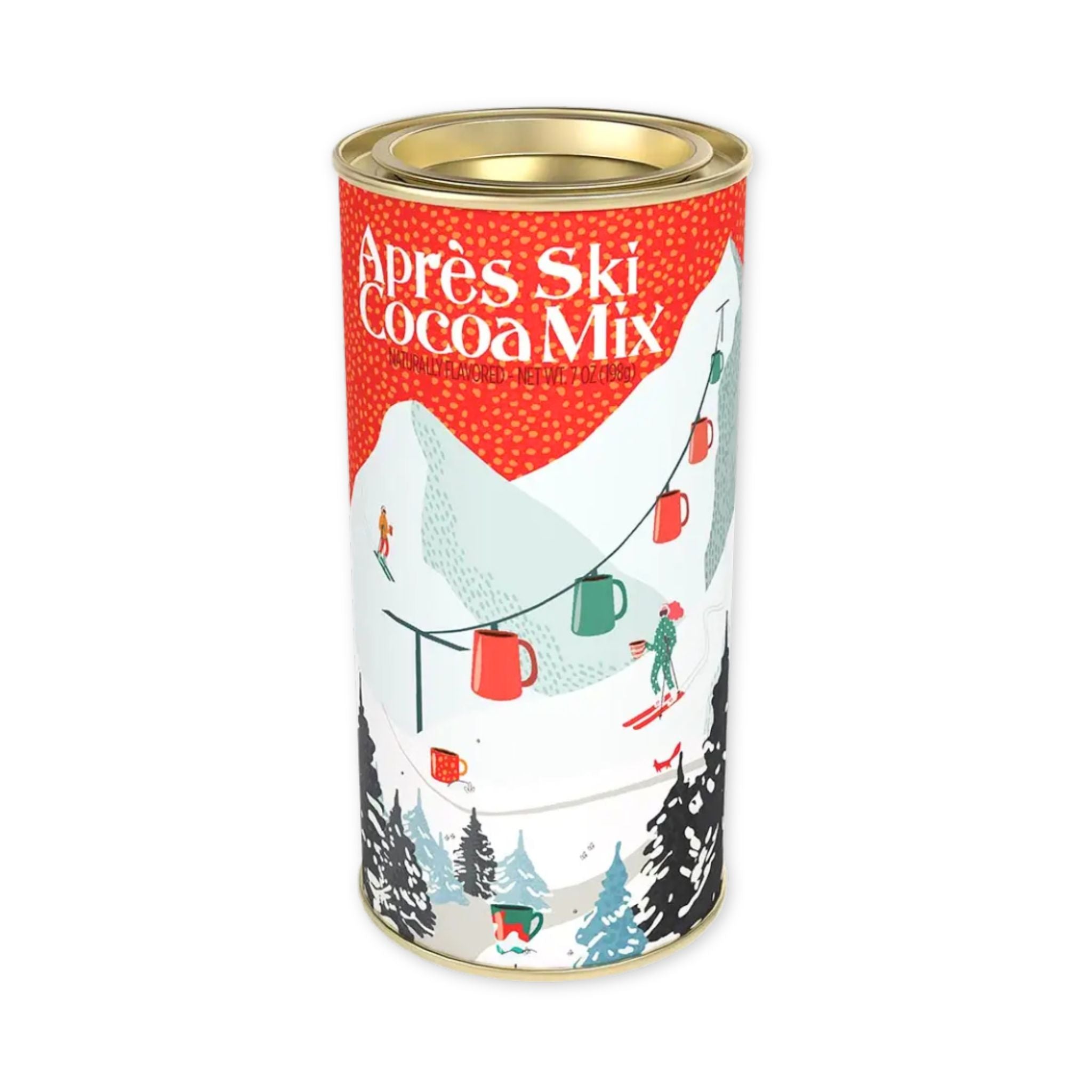 Can of Après Ski Cocoa Mix with winter-themed design on a white background