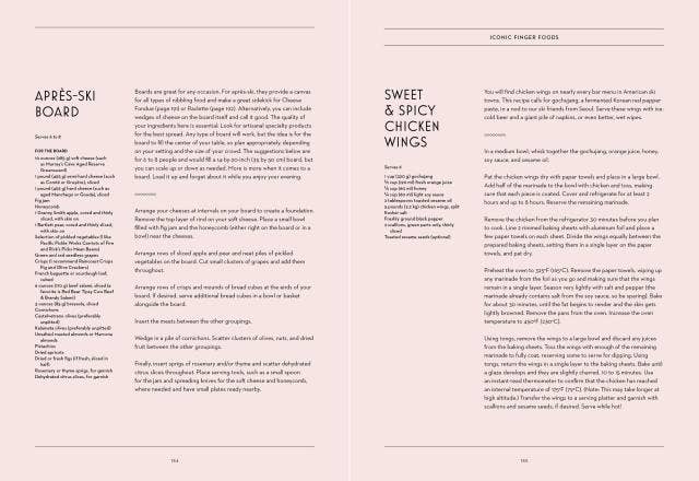 Two pages from a cookbook featuring recipes for 'Sweet & Spicy Chicken Wings' and 'Apres-Ski Board'.