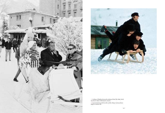 Two black and white photos of a snowy scene with people and a color photo of children on a sled.