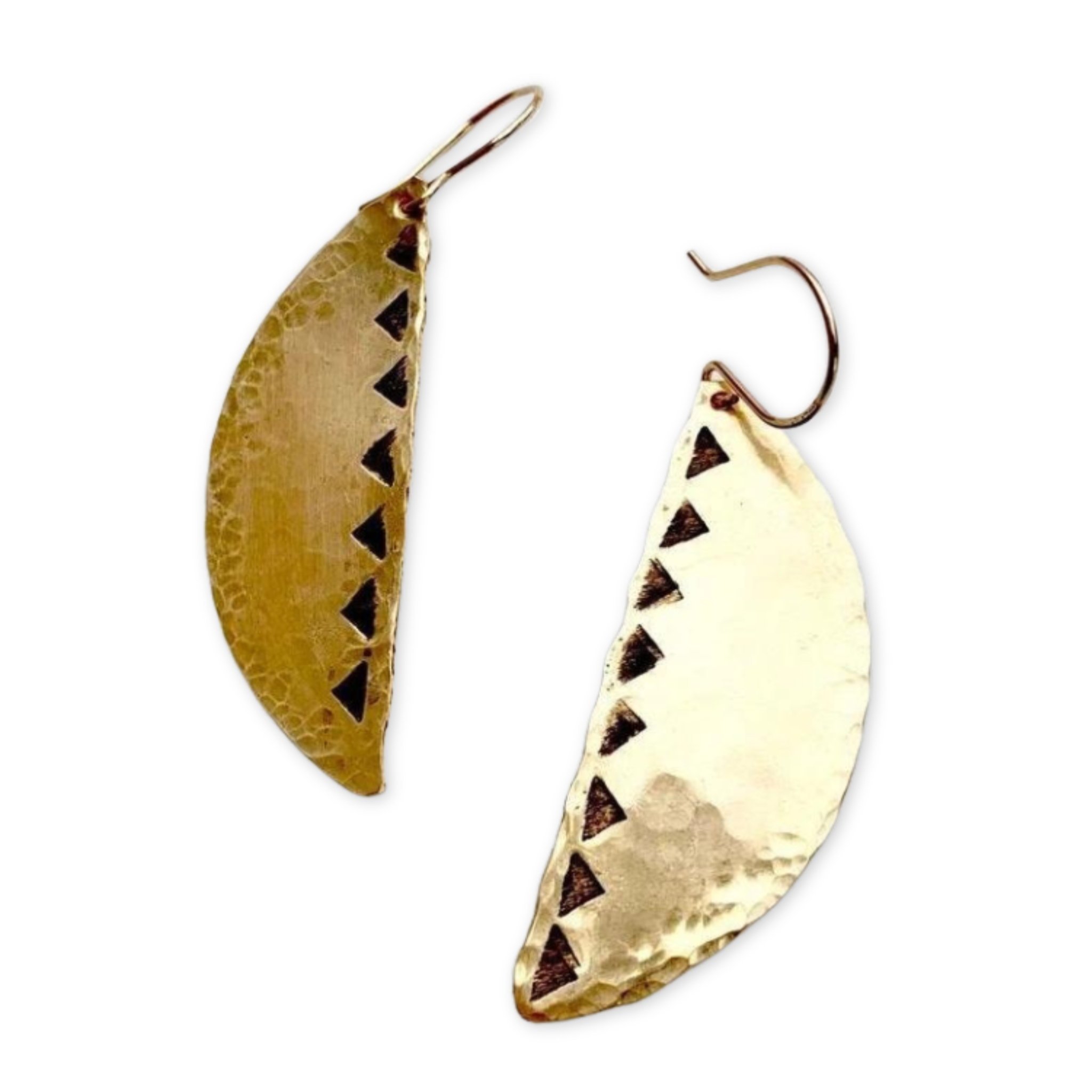 earrings with large hanging half circle pendants stamped with triangles