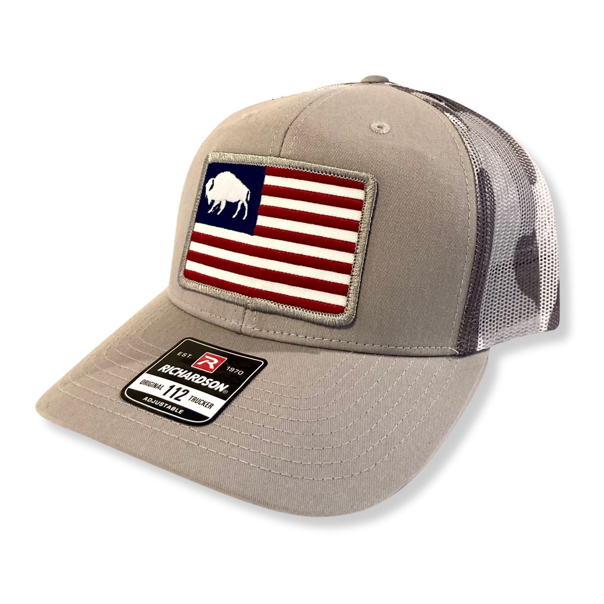 Grey and Camo Bison American Flag Patch Trucker Hat