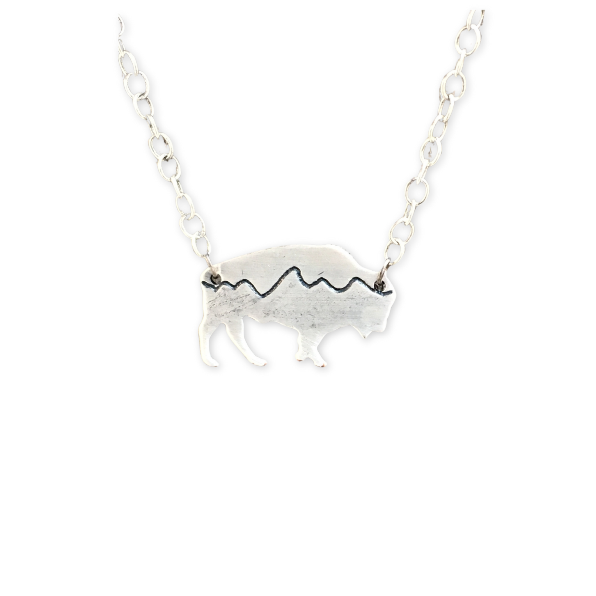 silver necklace with a bison pendant with tetons design